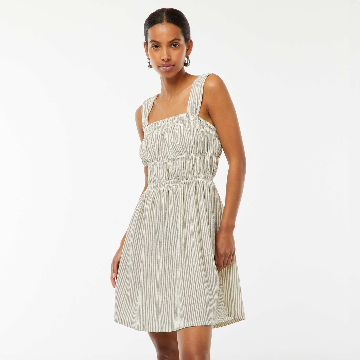 Robe rayée en maille gaufrée à larges bretelles BEIGE