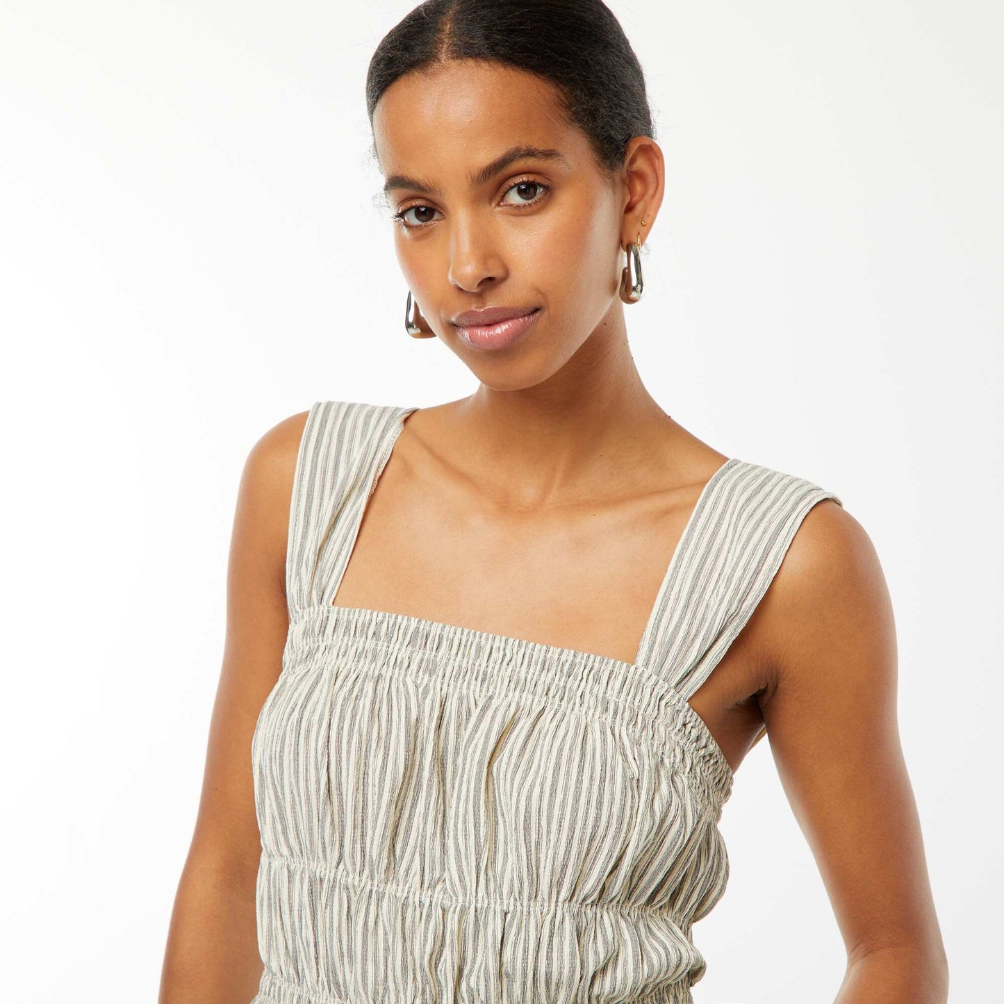 Robe rayée en maille gaufrée à larges bretelles BEIGE