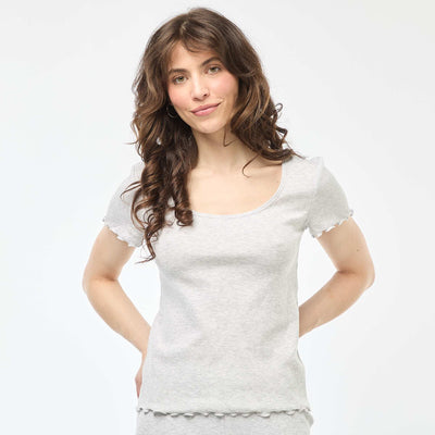 T-shirt uni en maille côtelé manches courtes GRIS