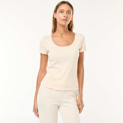 T-shirt uni en maille côtelé manches courtes BLANC