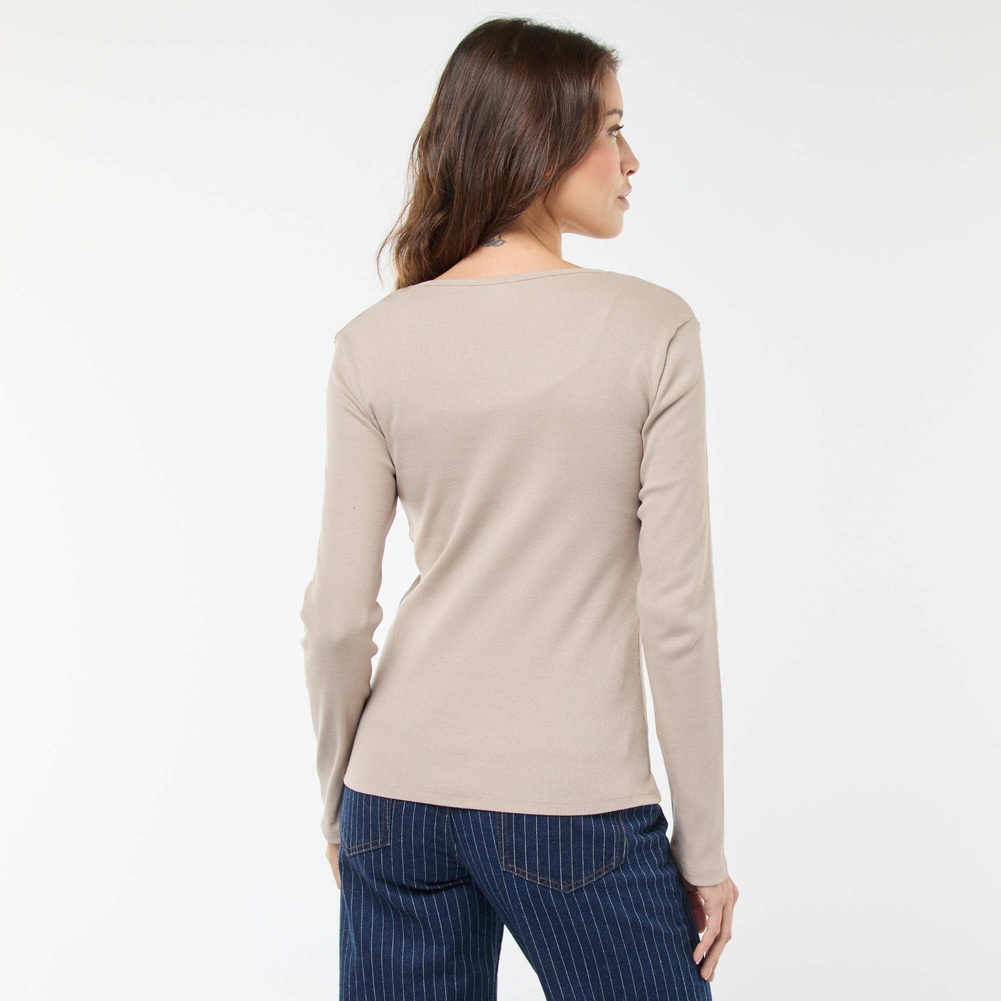 T-shirt côtelé à manches longues BEIGE