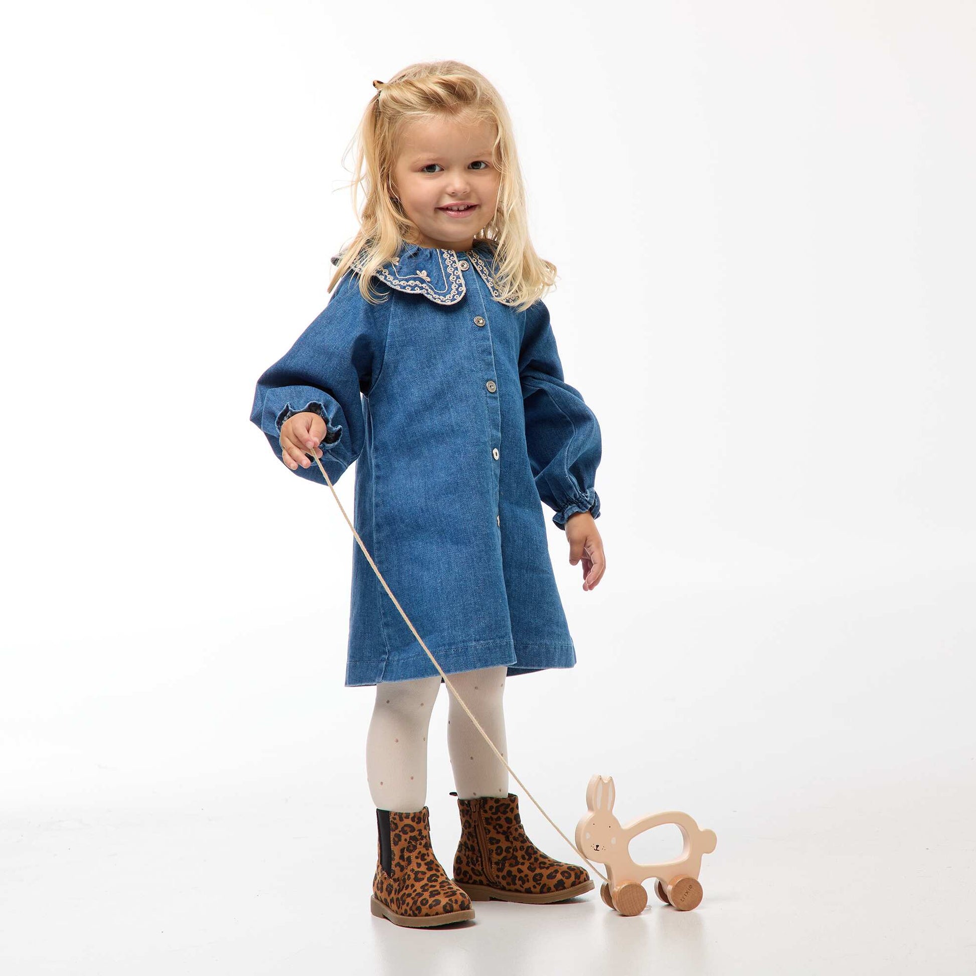 Robe col brodé en coton BLEU