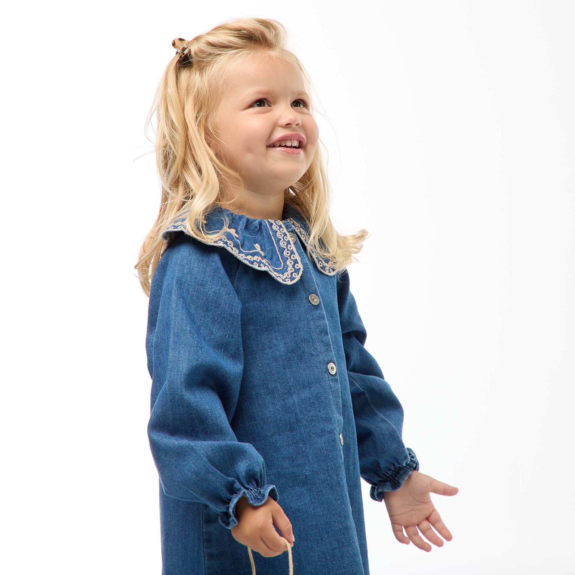 Robe col brodé en coton BLEU