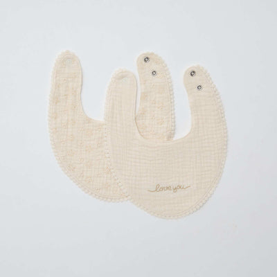 Lot de 2 bavoirs en lange avec broderie anglaise BEIGE