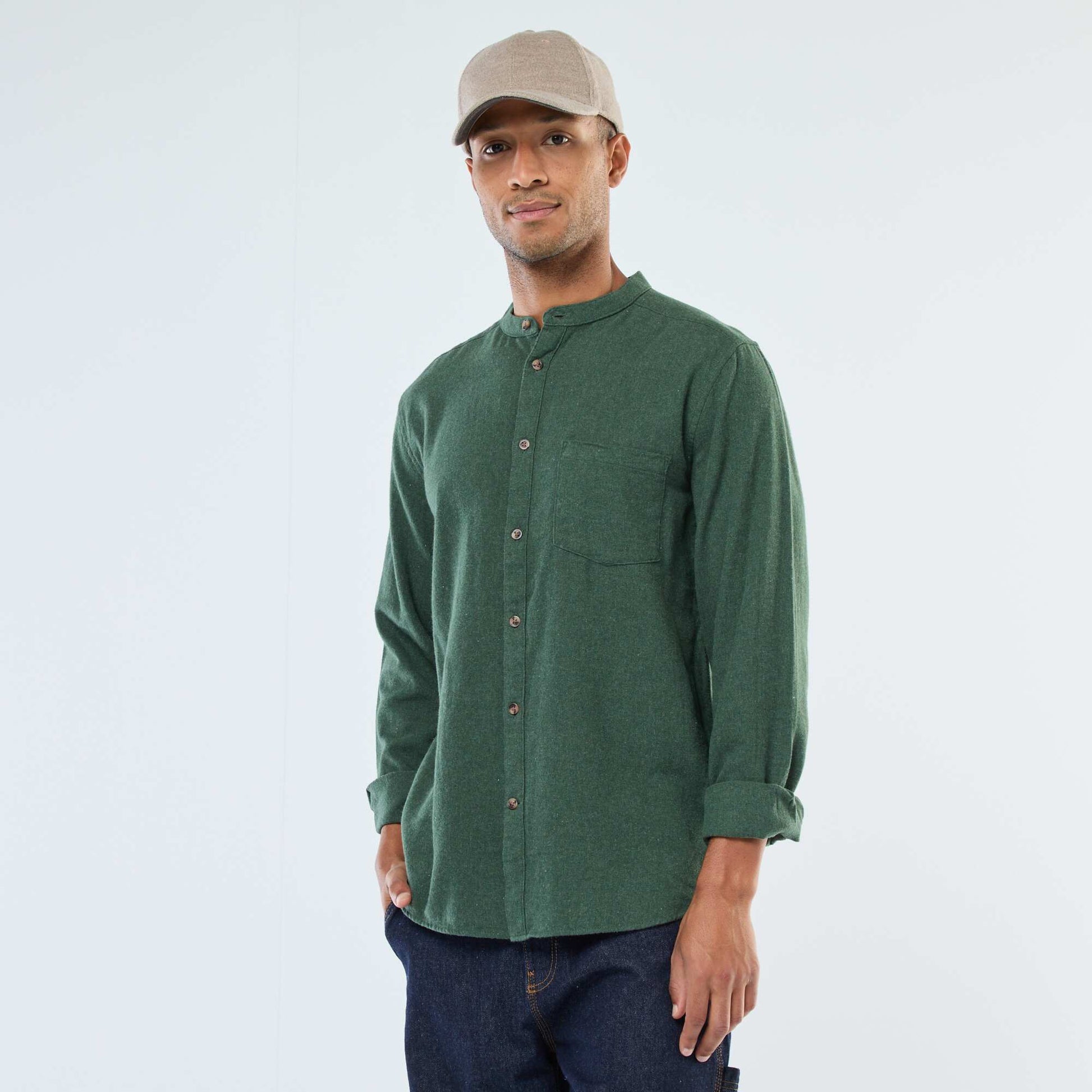 Chemise en flanelle uni avec un col mao VERT