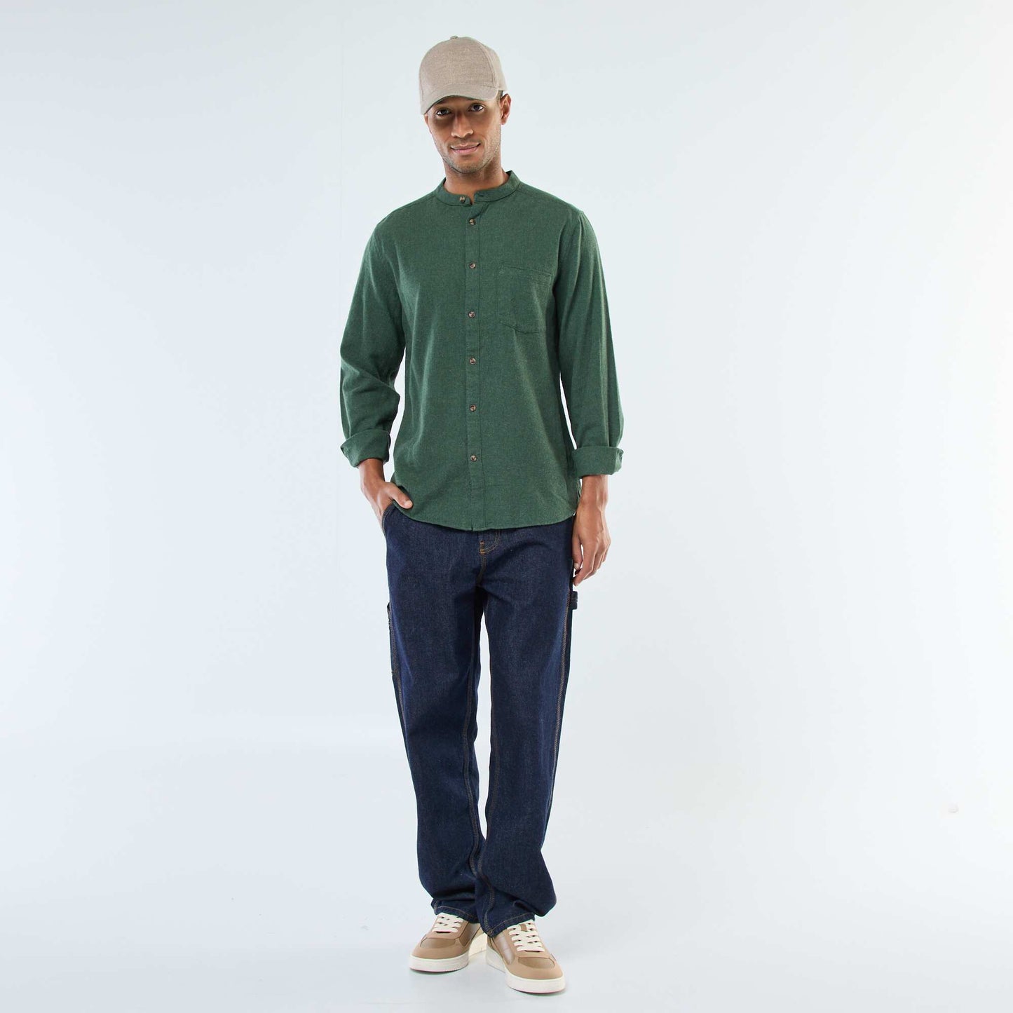 Chemise en flanelle uni avec un col mao VERT