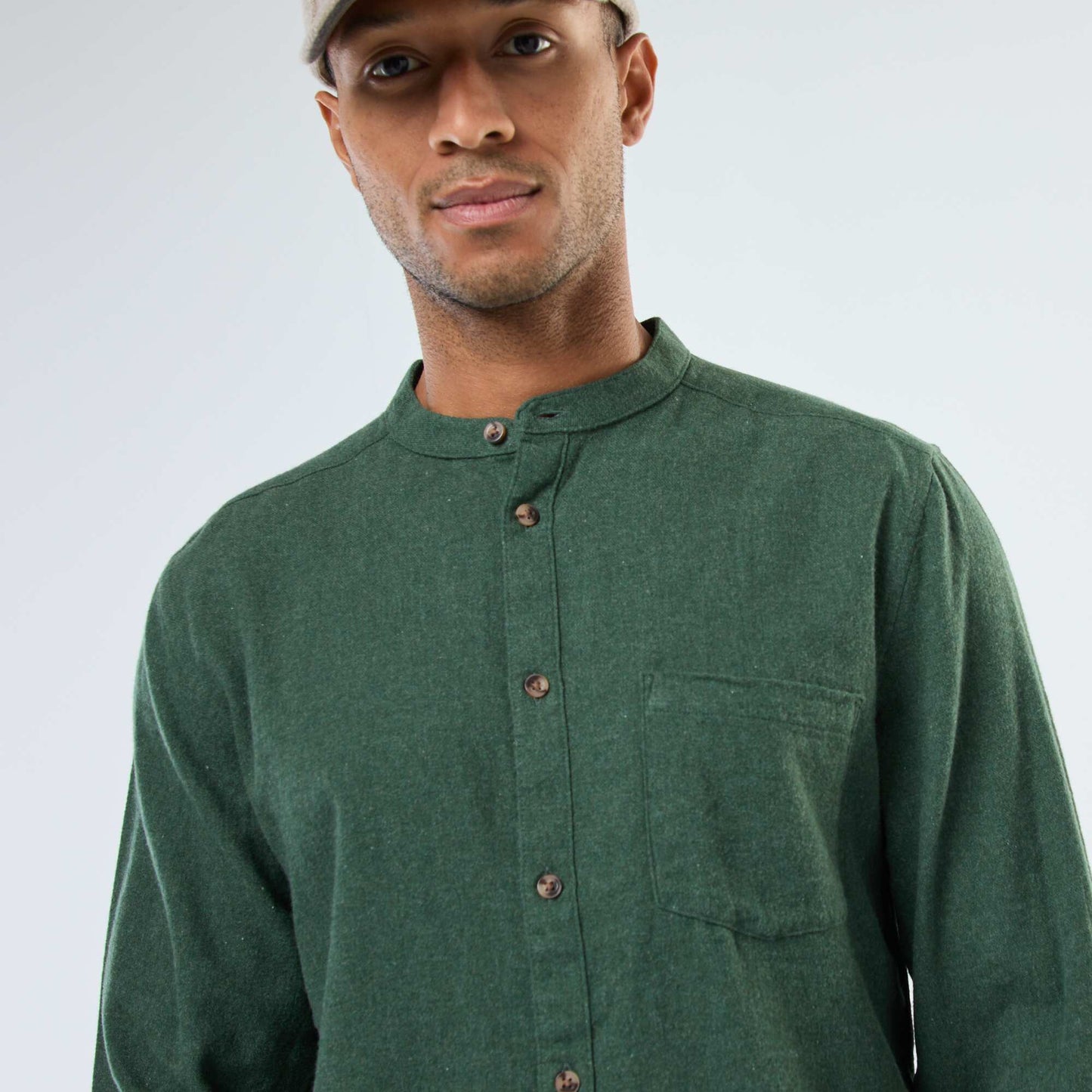 Chemise en flanelle uni avec un col mao VERT
