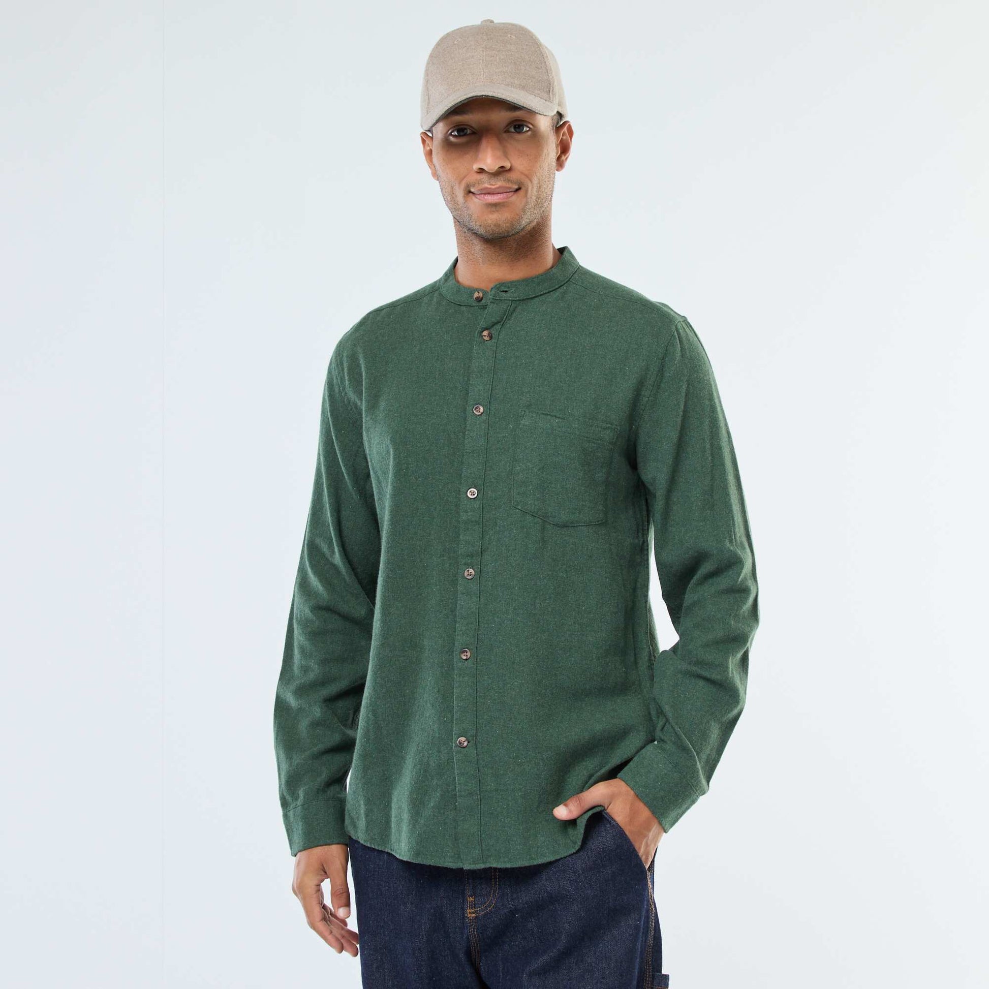 Chemise en flanelle uni avec un col mao VERT