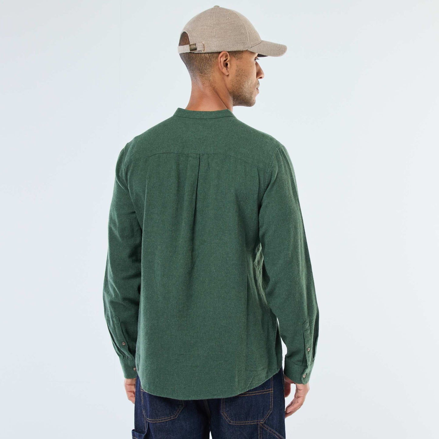 Chemise en flanelle uni avec un col mao VERT