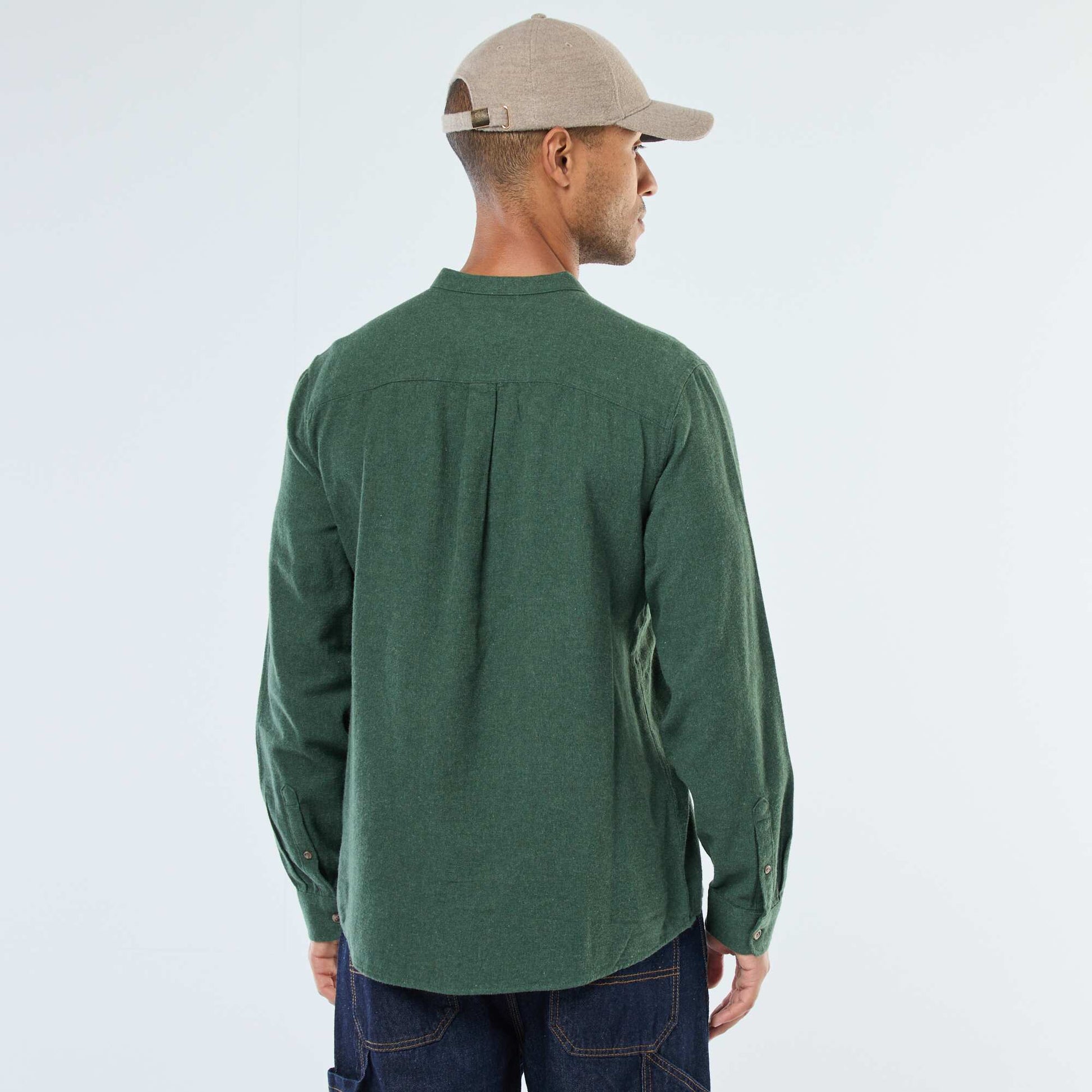 Chemise en flanelle uni avec un col mao VERT