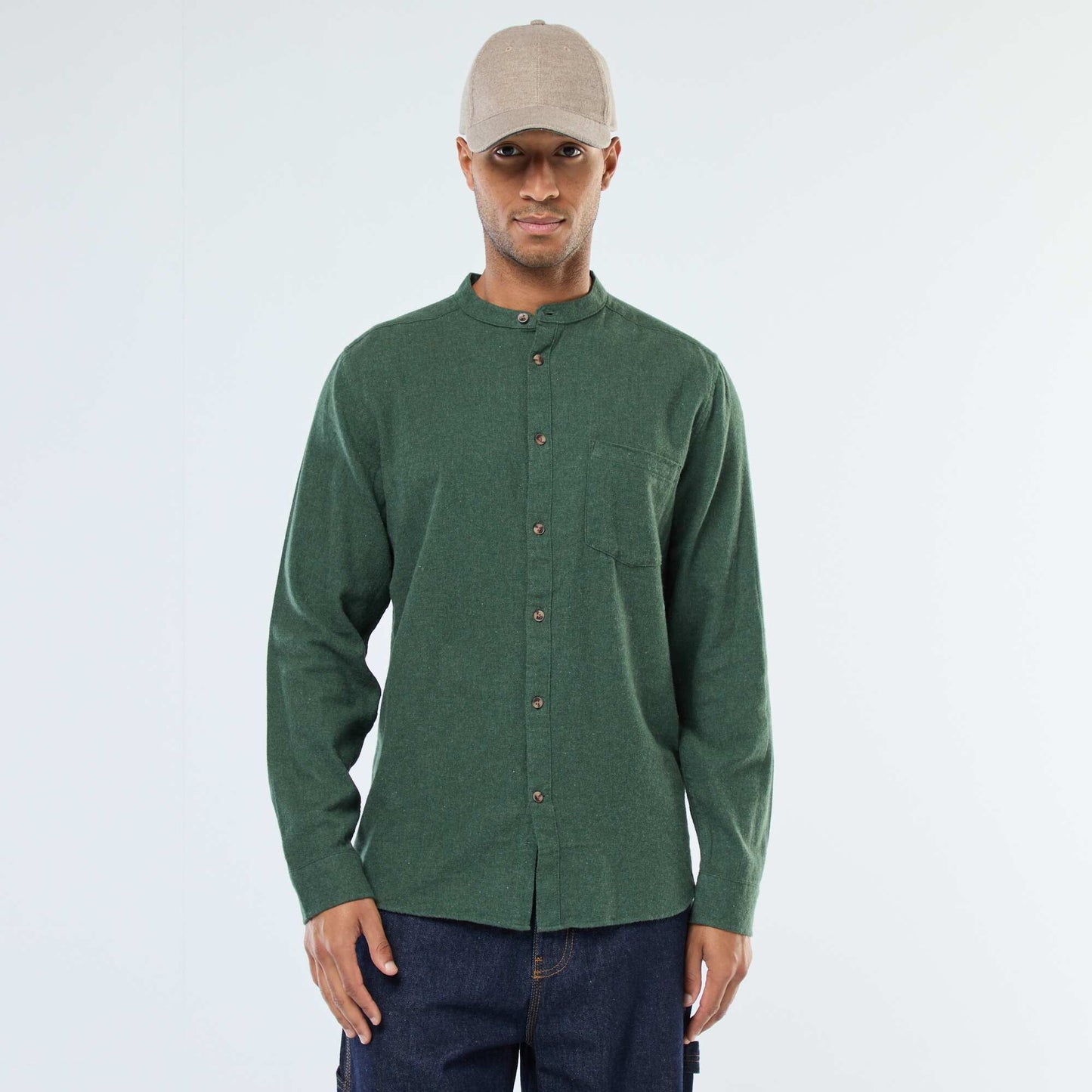 Chemise en flanelle uni avec un col mao VERT