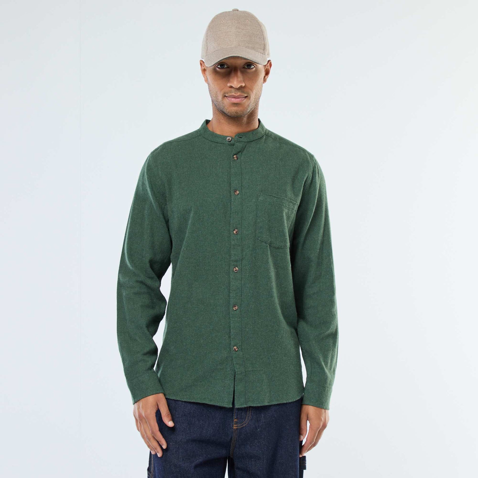 Chemise en flanelle uni avec un col mao VERT