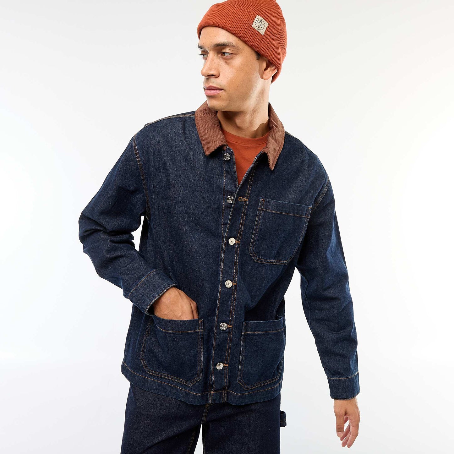 Veste denim avec col en velours côtelé BLEU