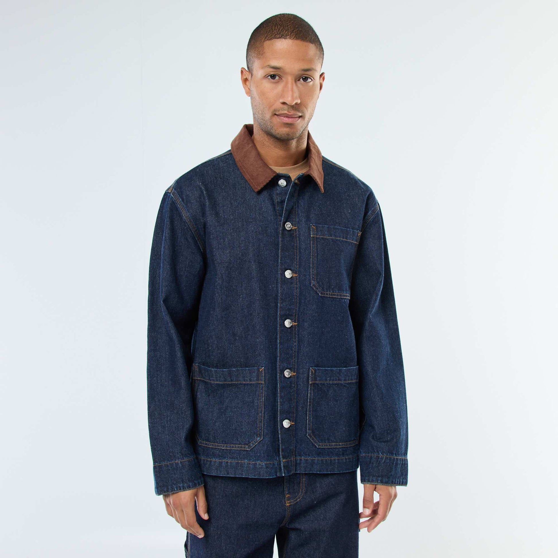Veste denim avec col en velours côtelé BLEU
