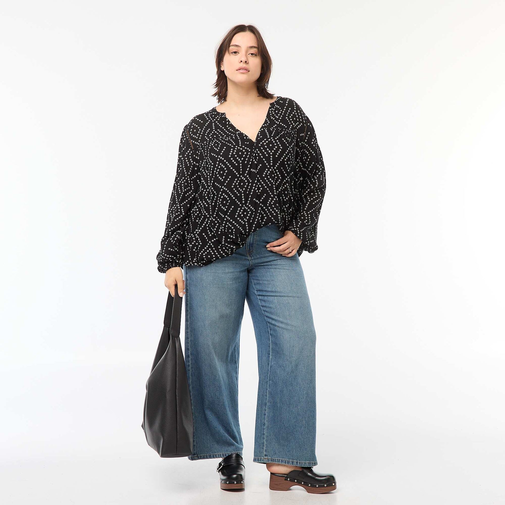 Blouse fluide imprimée en maille crêpe NOIR