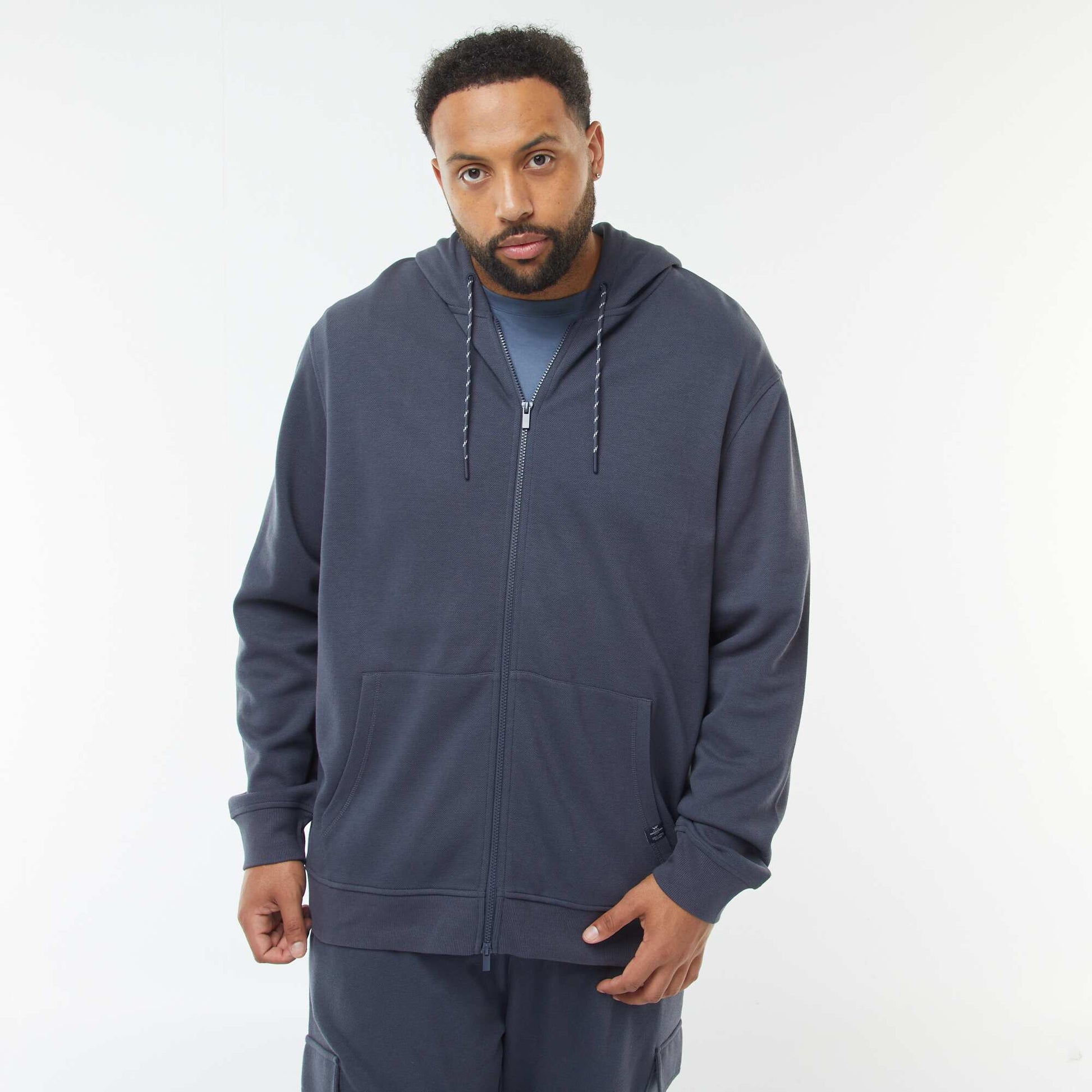 Sweat en maille piquée avec ouverture zippée et capuche BLEU