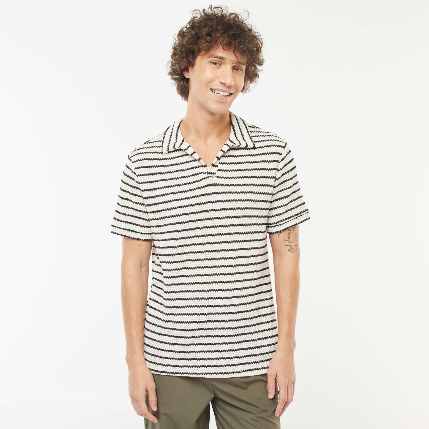 Polo manches courtes en maille fantaisie ajourée NOIR