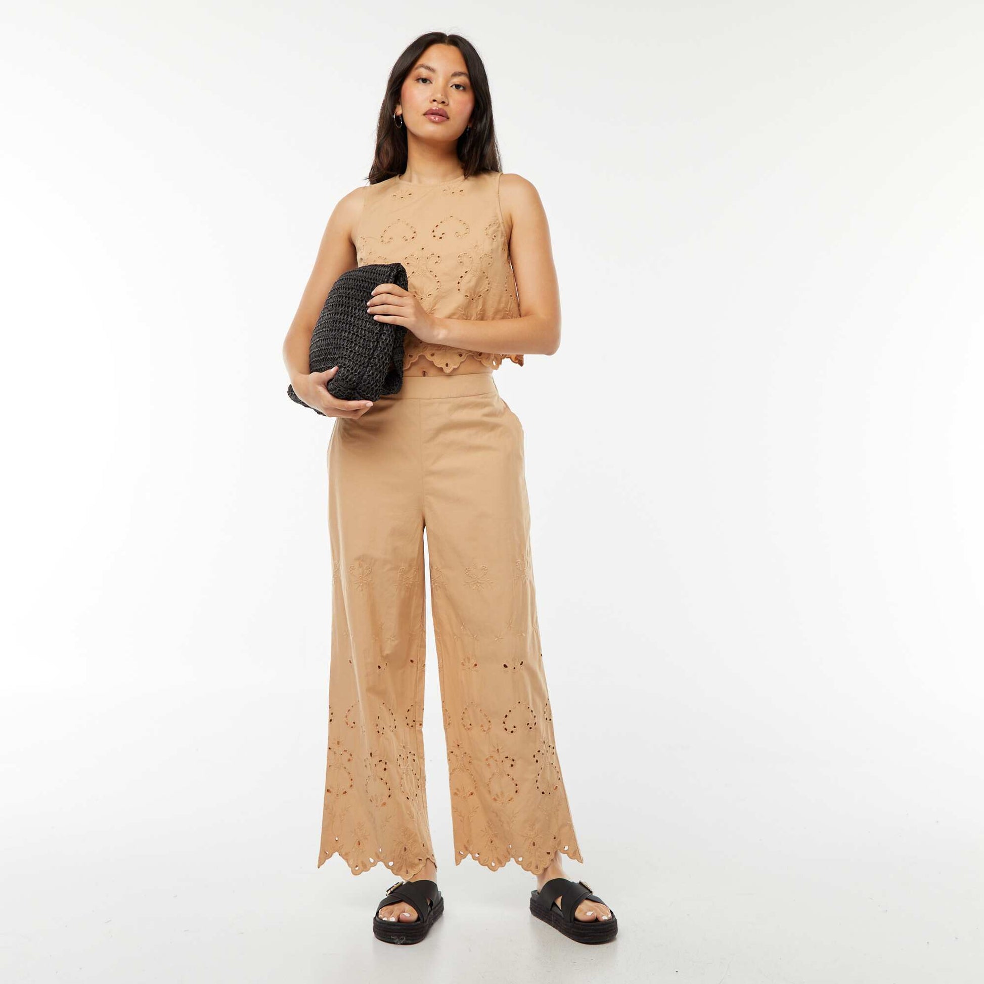 Pantalon large en broderie anglaise BEIGE