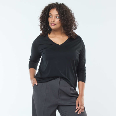 Tee-shirt en jersey avec col V et manches longues NOIR