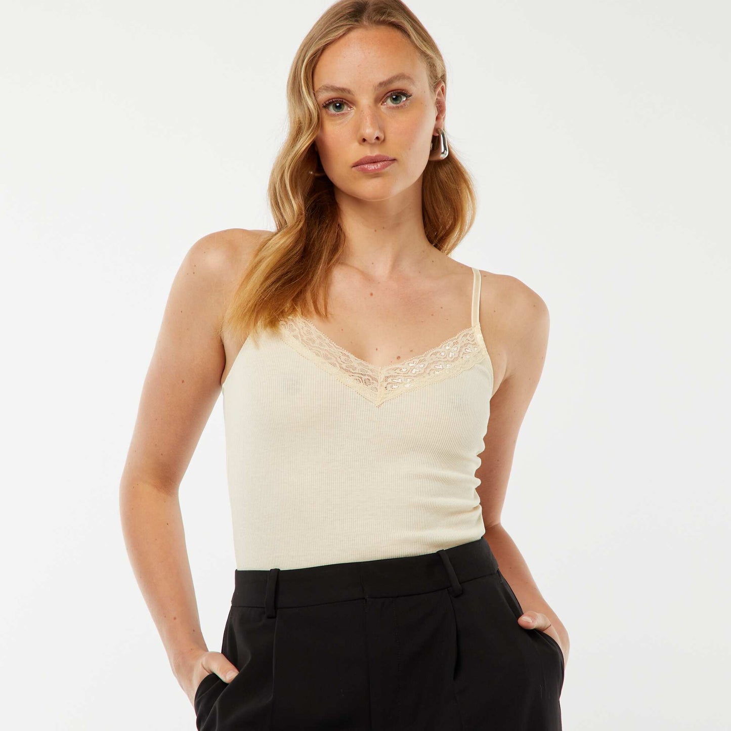 Body côtelé uni avec dentelle JAUNE