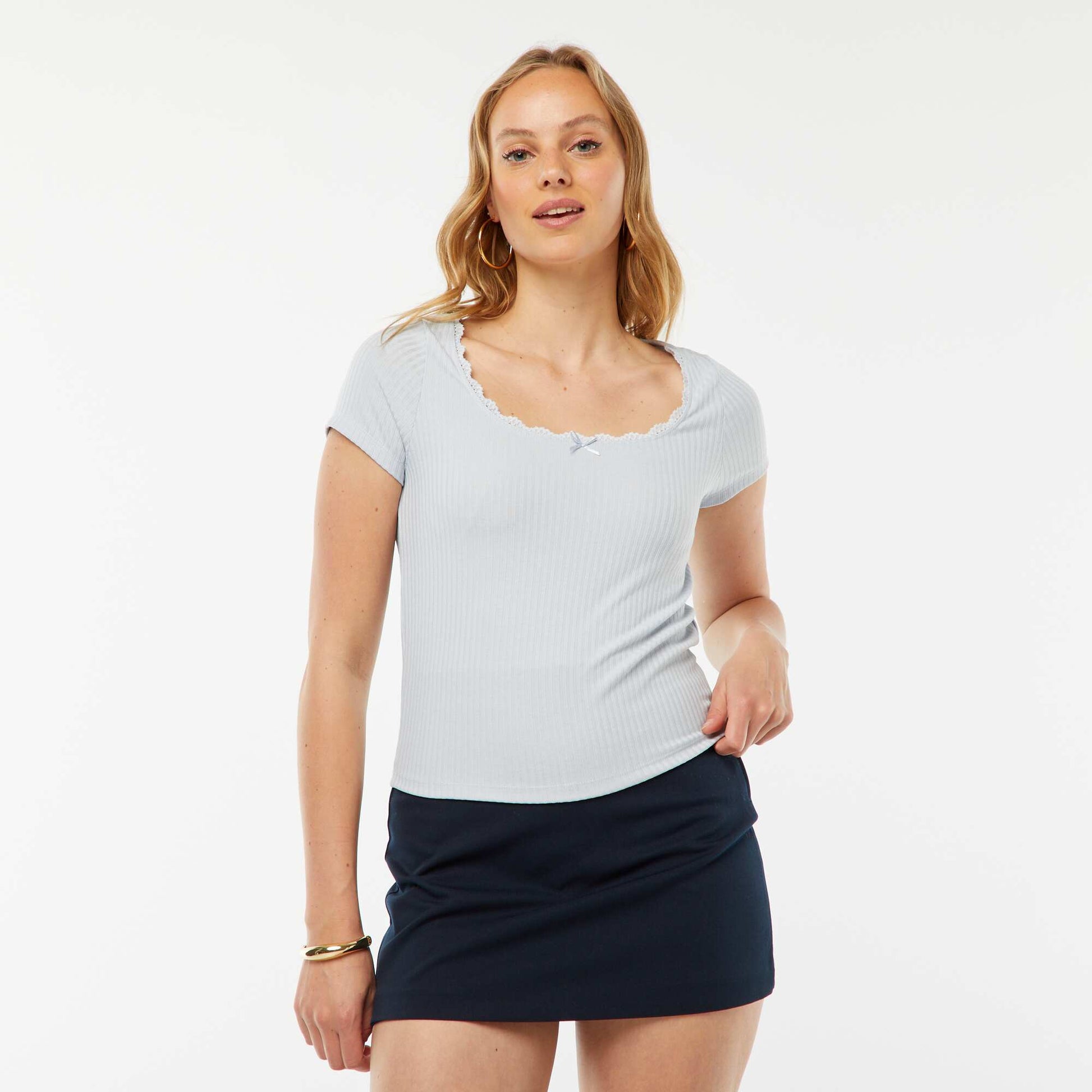 T-shirt à manches courtes avec dentelle et nœud fantaisiste BLEU
