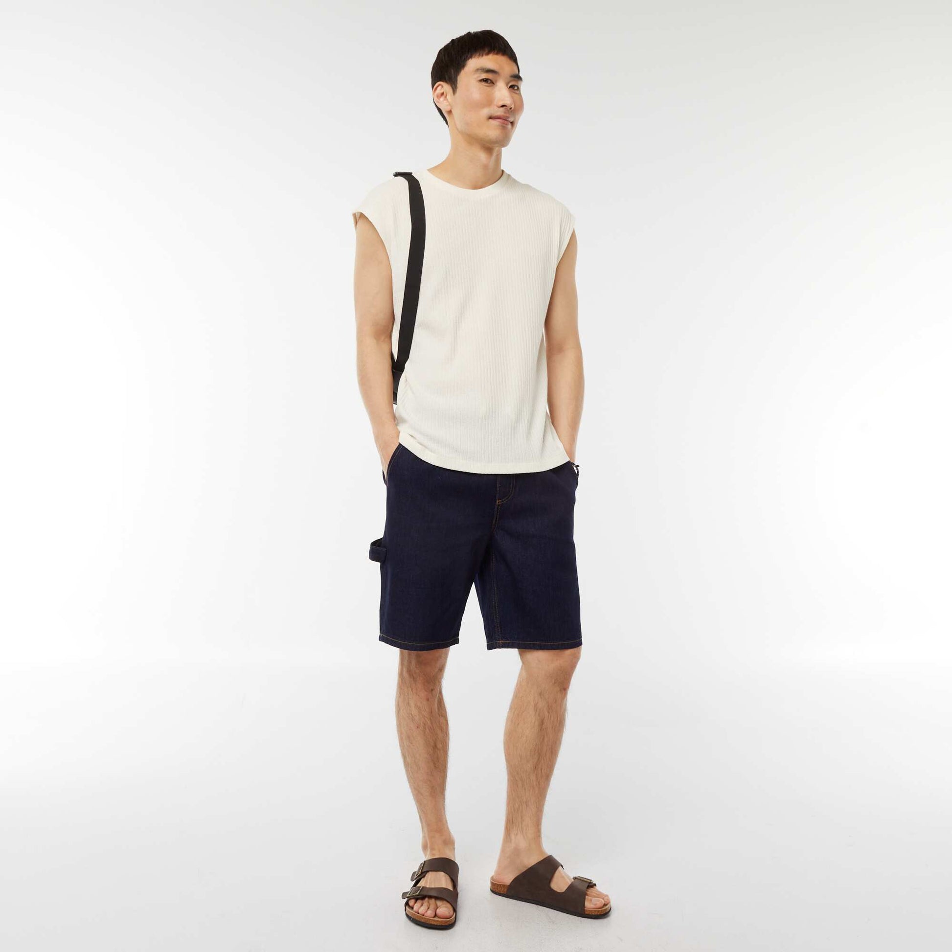T-shirt côtelé uni sans manches BLANC