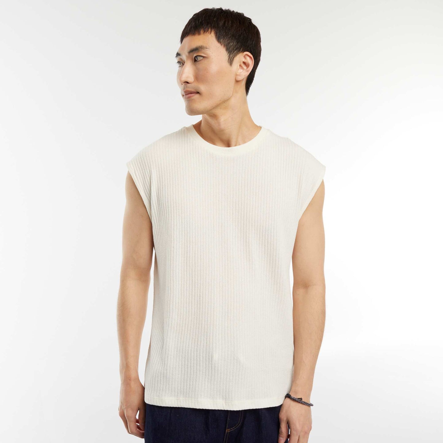 T-shirt côtelé uni sans manches BLANC