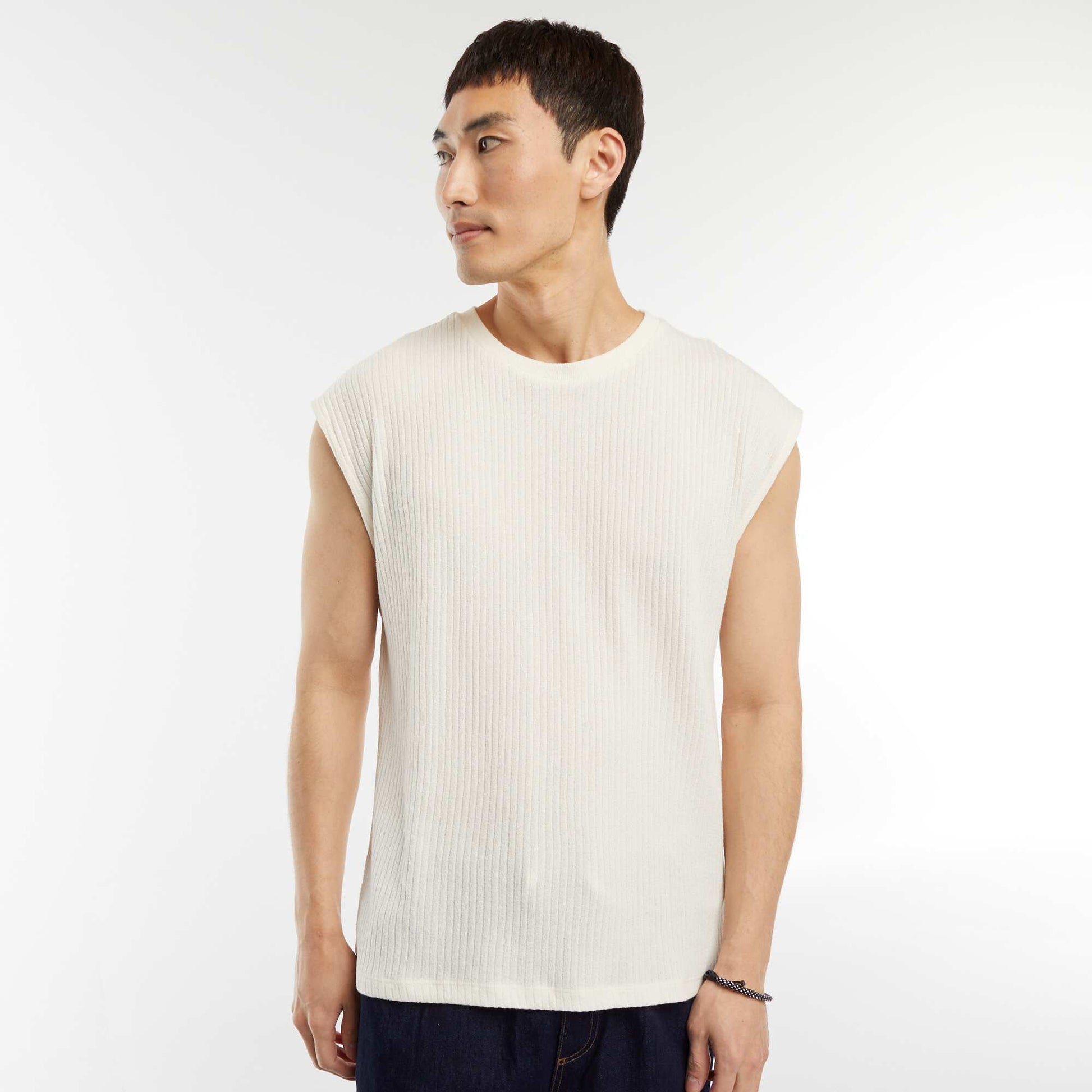 T-shirt côtelé uni sans manches BLANC