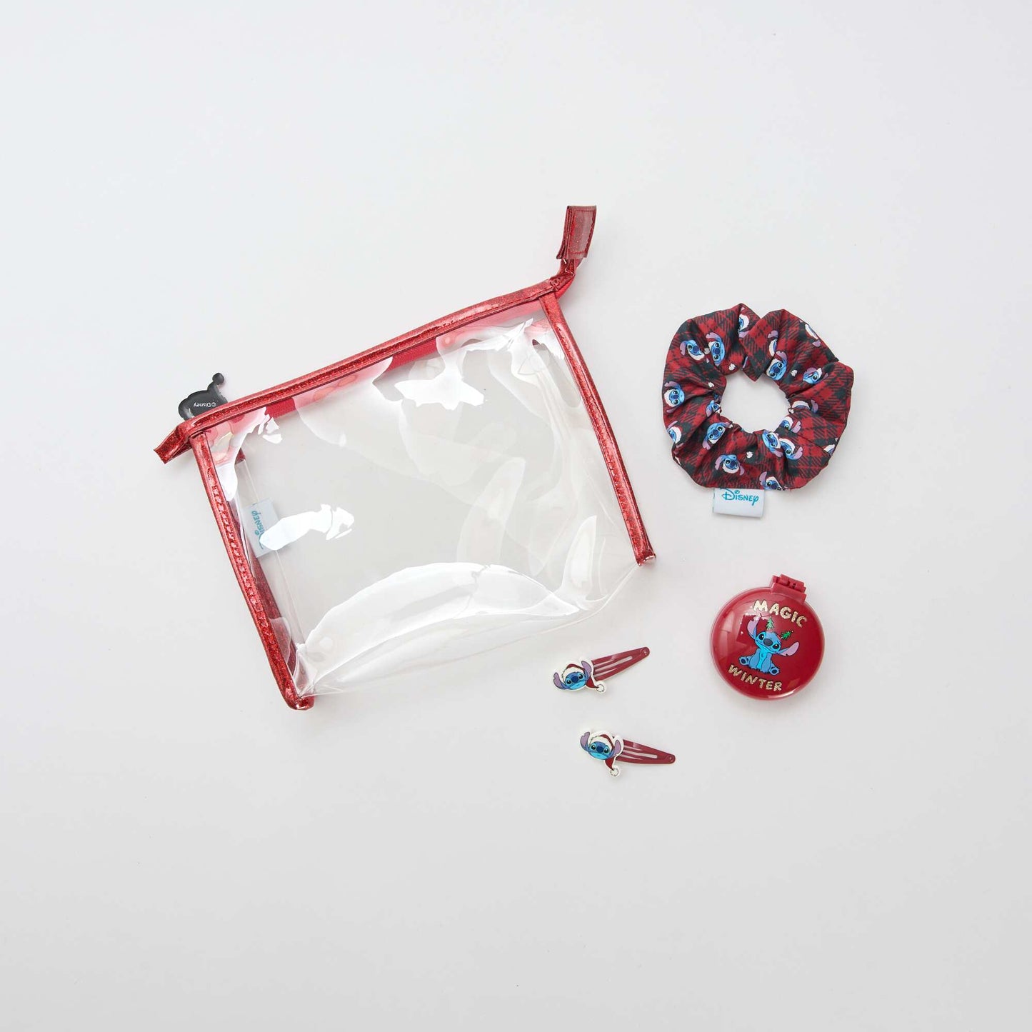 Pochette chouchou + pince cheveux + brosse 'Disney' 'Stitch' ROUGE