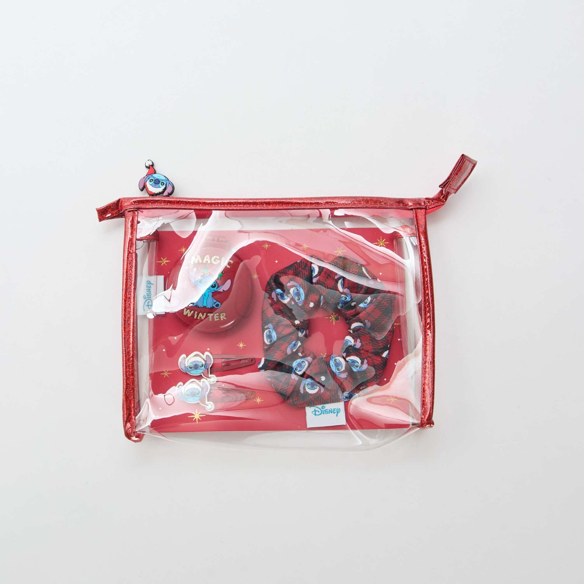 Pochette chouchou + pince cheveux + brosse 'Disney' 'Stitch' ROUGE