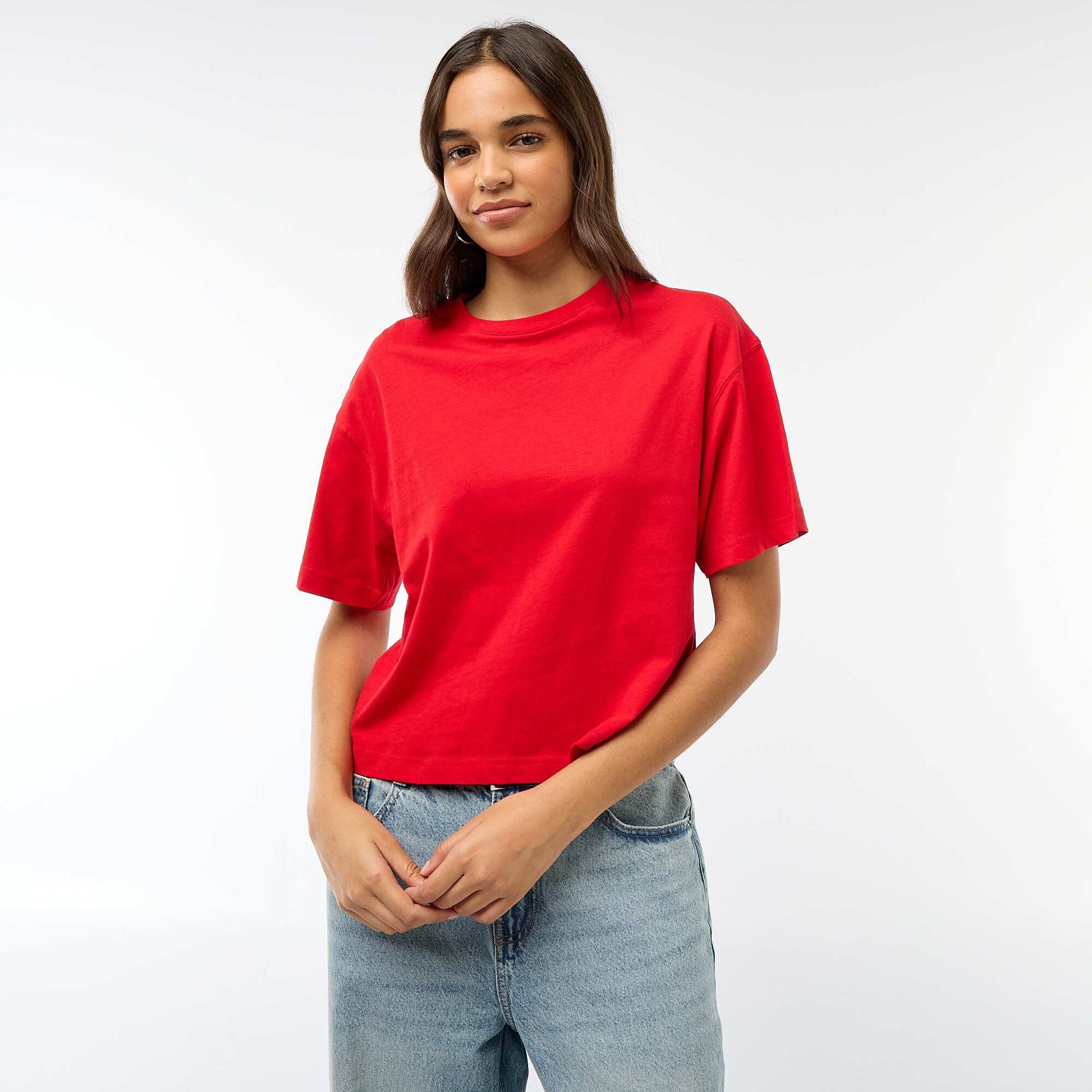 T-shirt cropped uni à manches courtes ROUGE