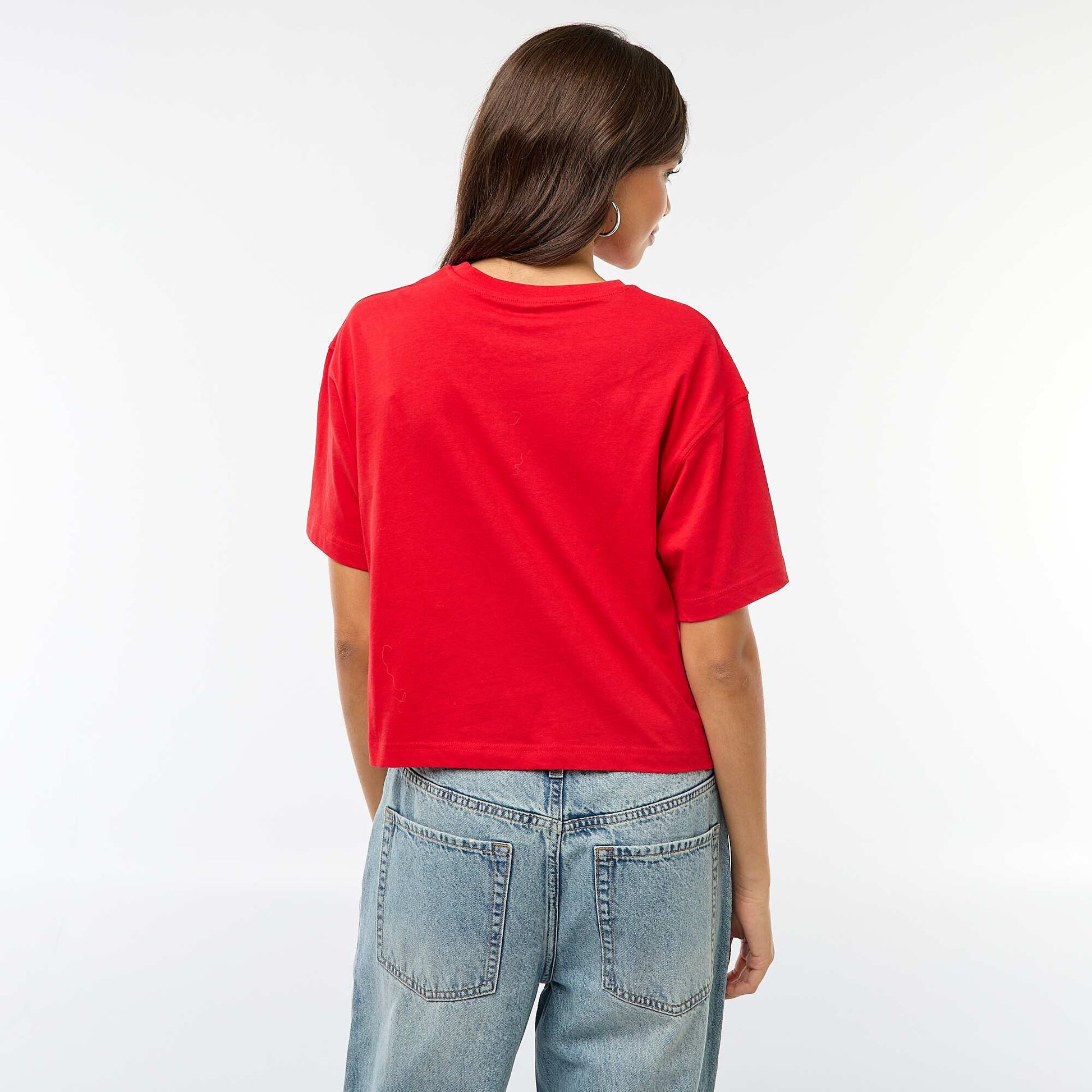 T-shirt cropped uni à manches courtes ROUGE