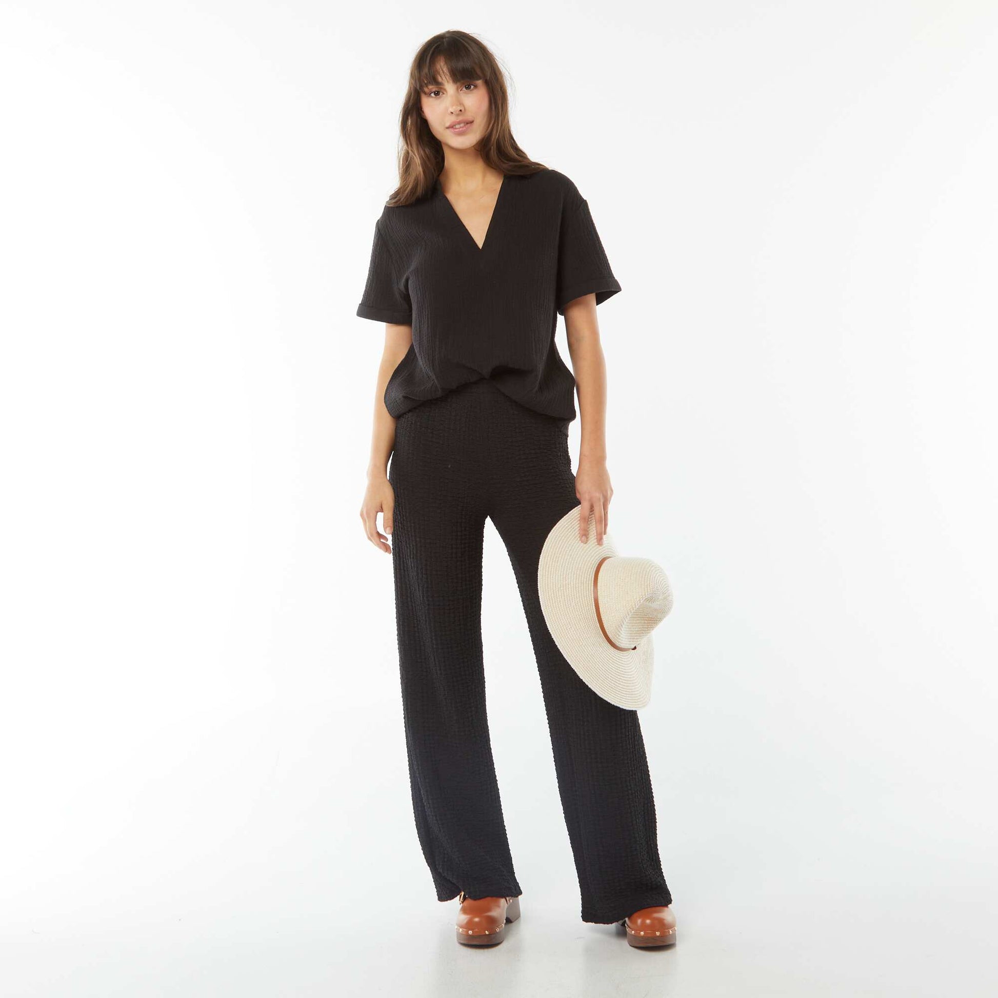 Pantalon large en maille gaufrée NOIR