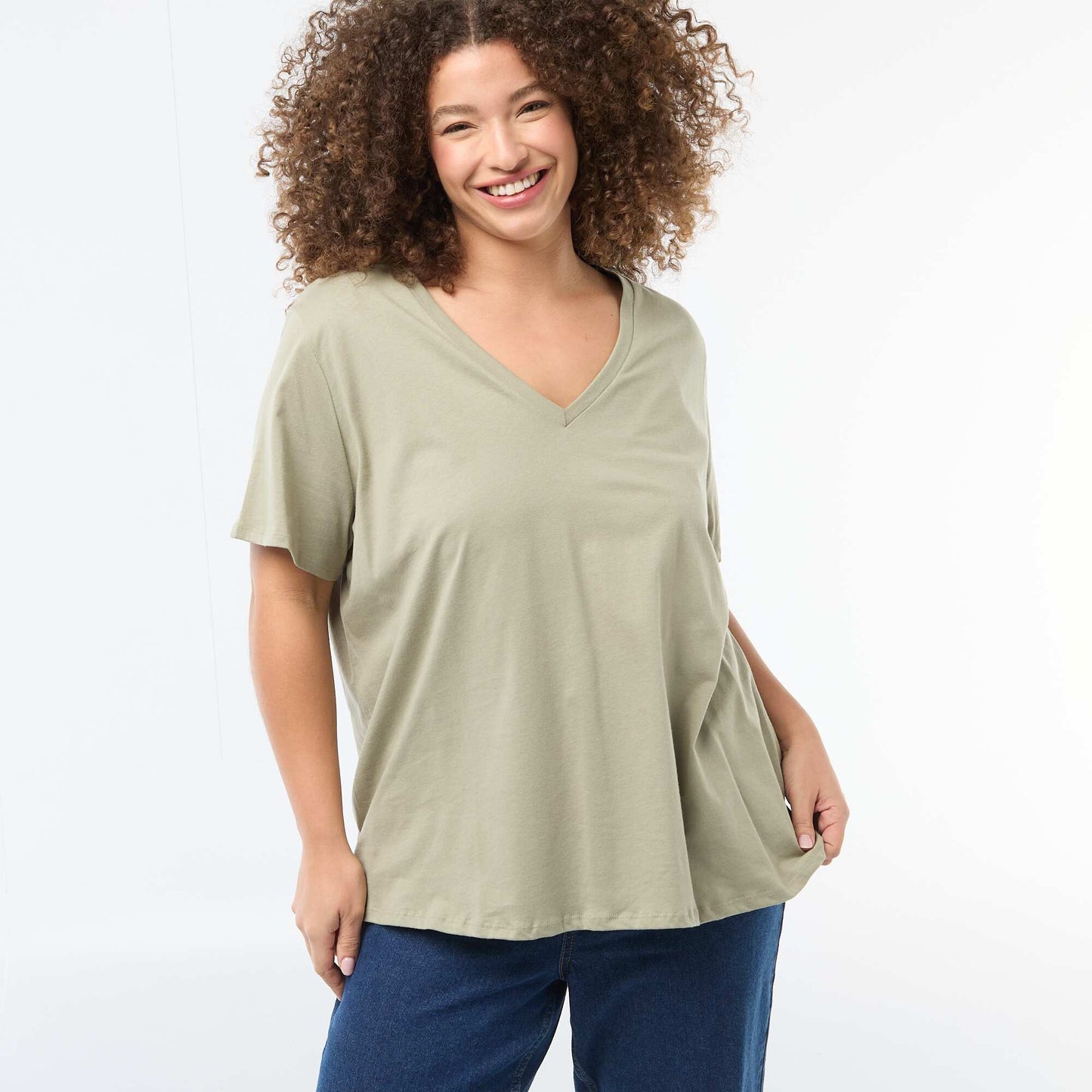 T-shirt basique à manches courtes et col V VERT