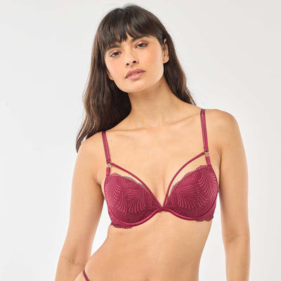 Soutien-gorge push up en dentelle feuillage BORDEAUX