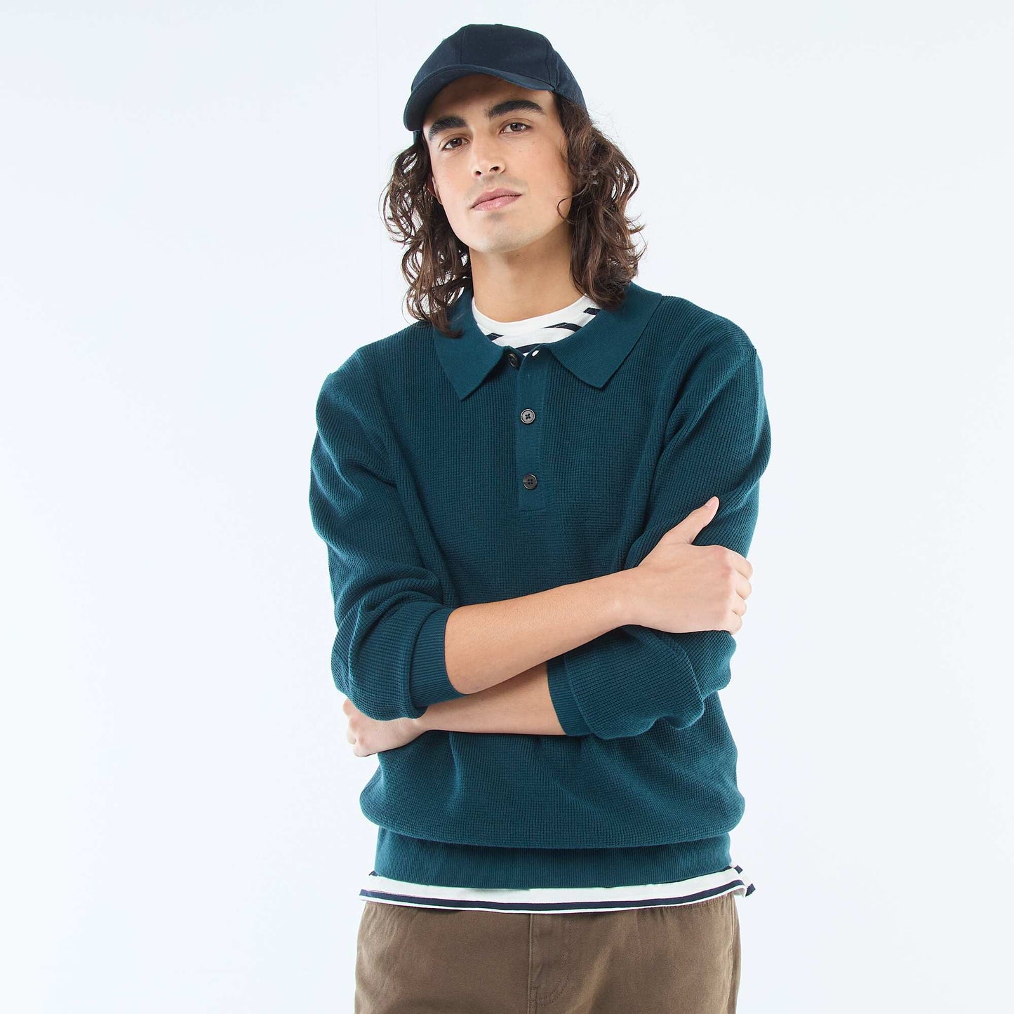 Pull maille gaufrée à col polo BLEU