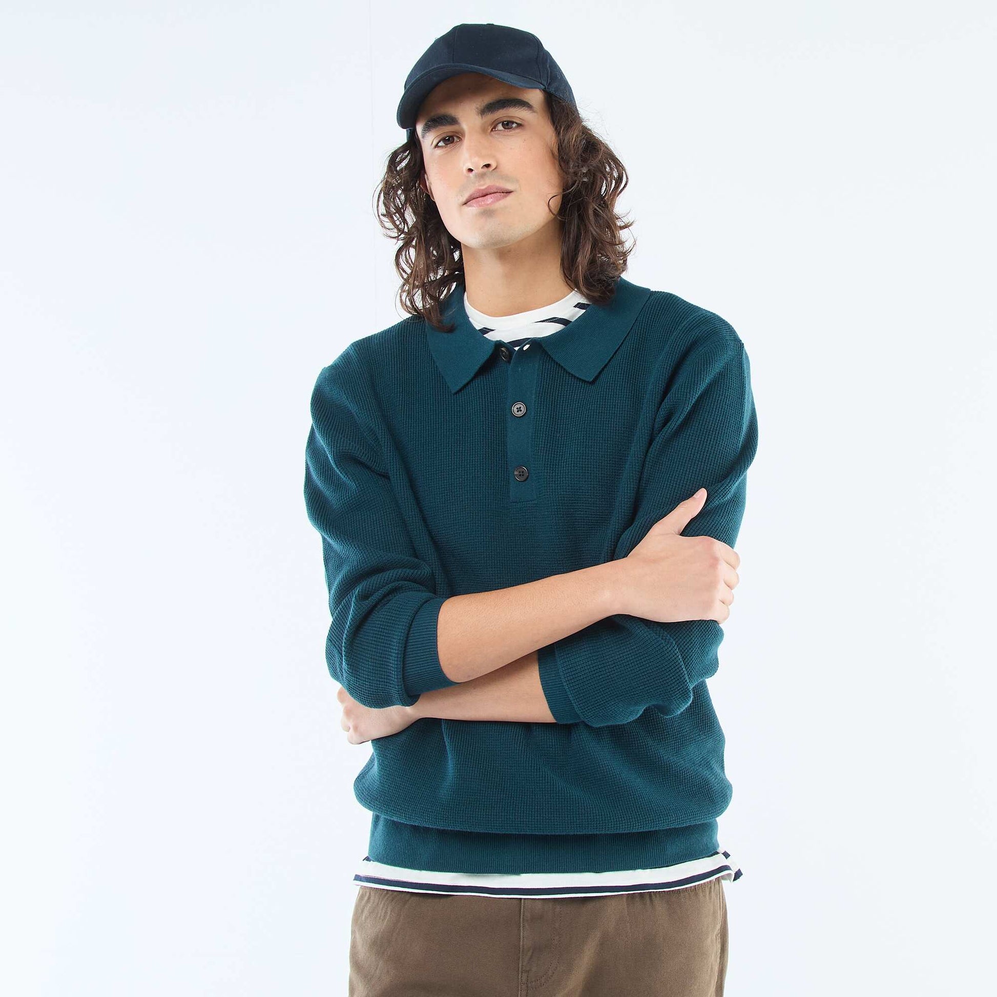 Pull maille gaufrée à col polo BLEU