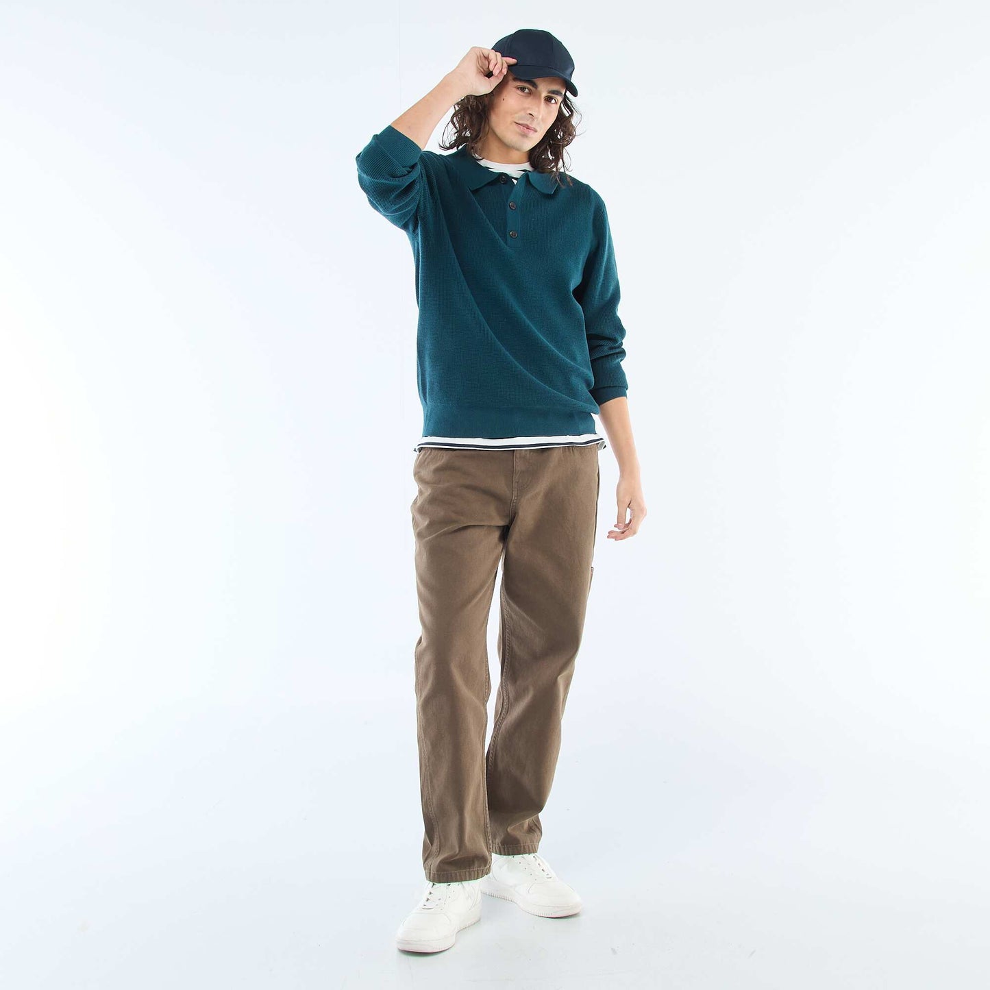 Pull maille gaufrée à col polo BLEU