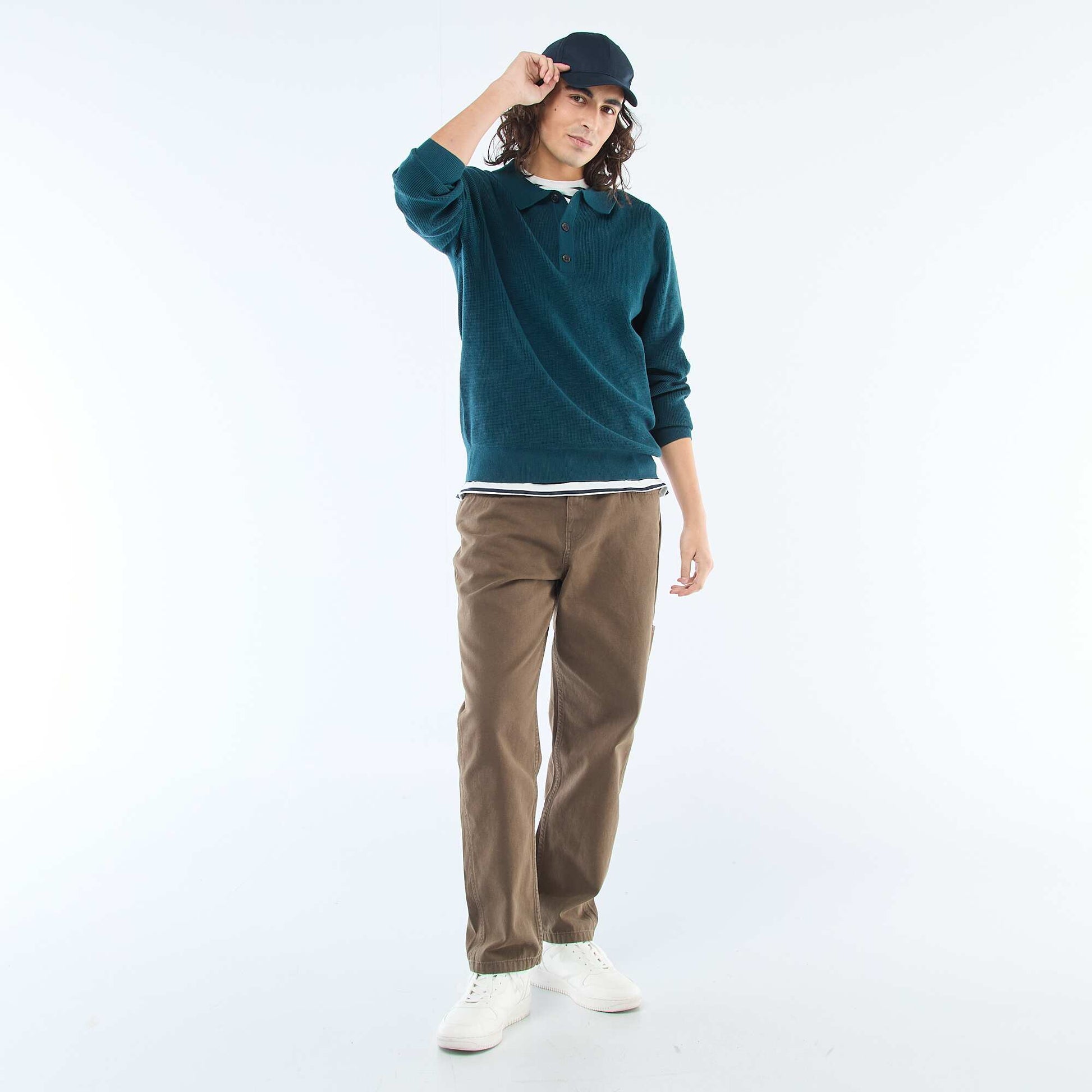 Pull maille gaufrée à col polo BLEU