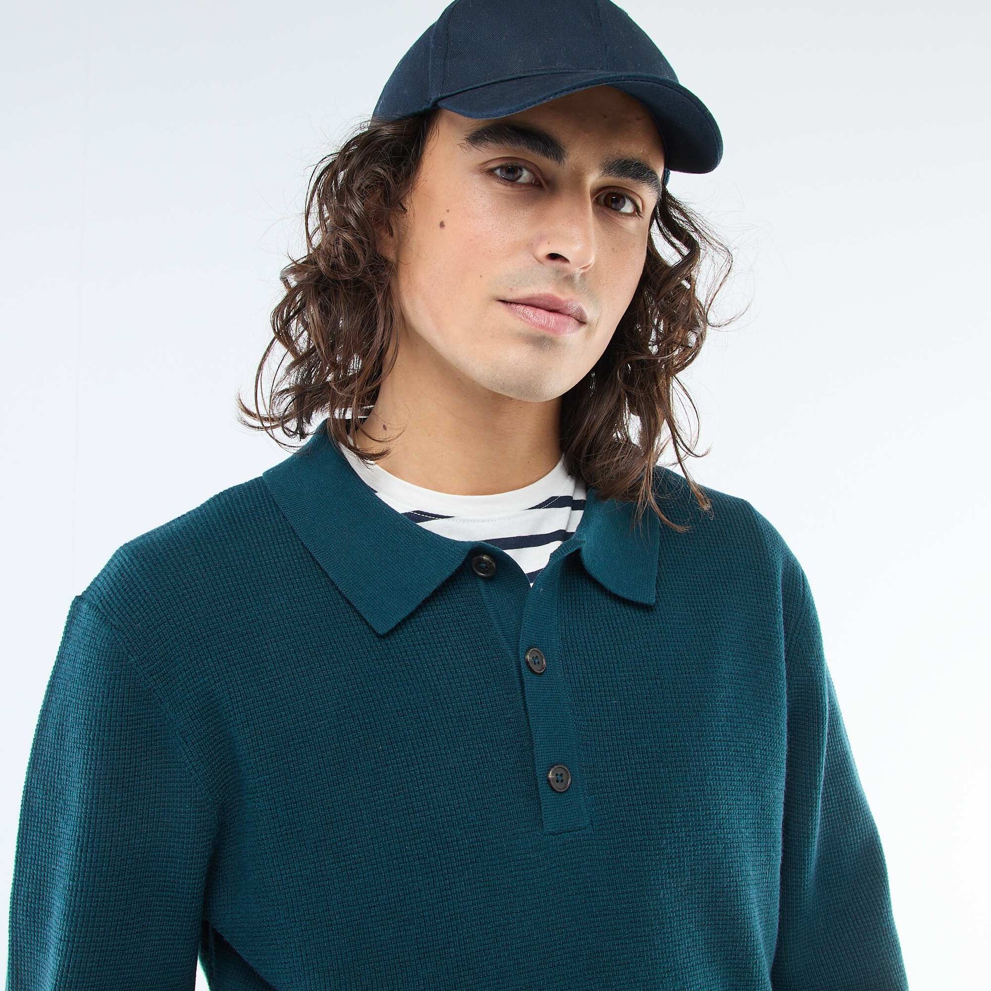 Pull maille gaufrée à col polo BLEU