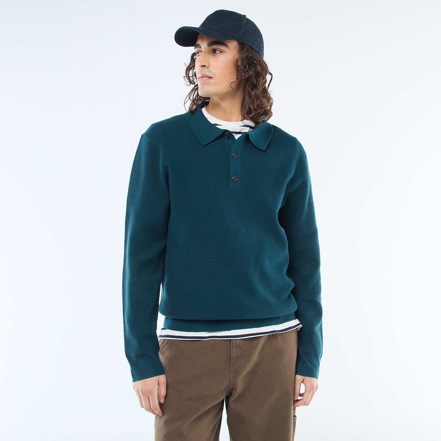 Pull maille gaufrée à col polo BLEU