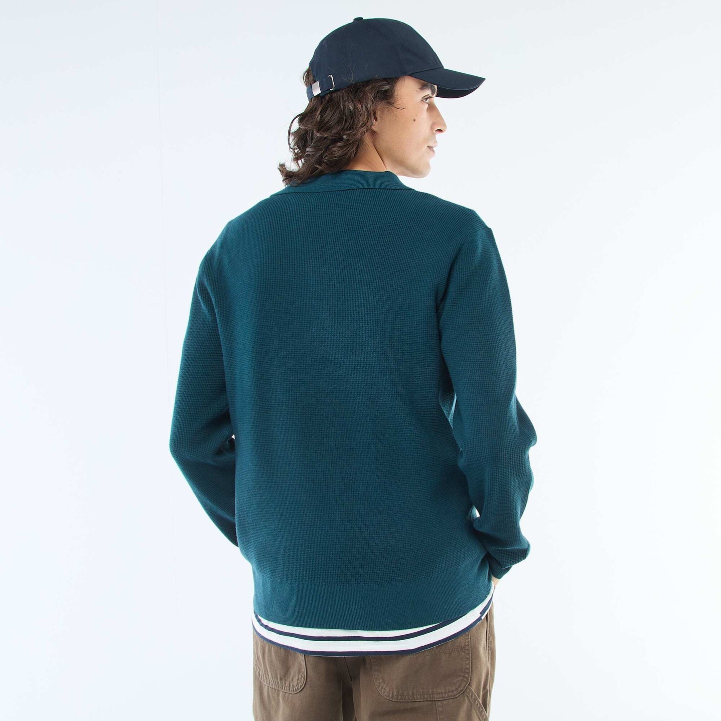 Pull maille gaufrée à col polo BLEU