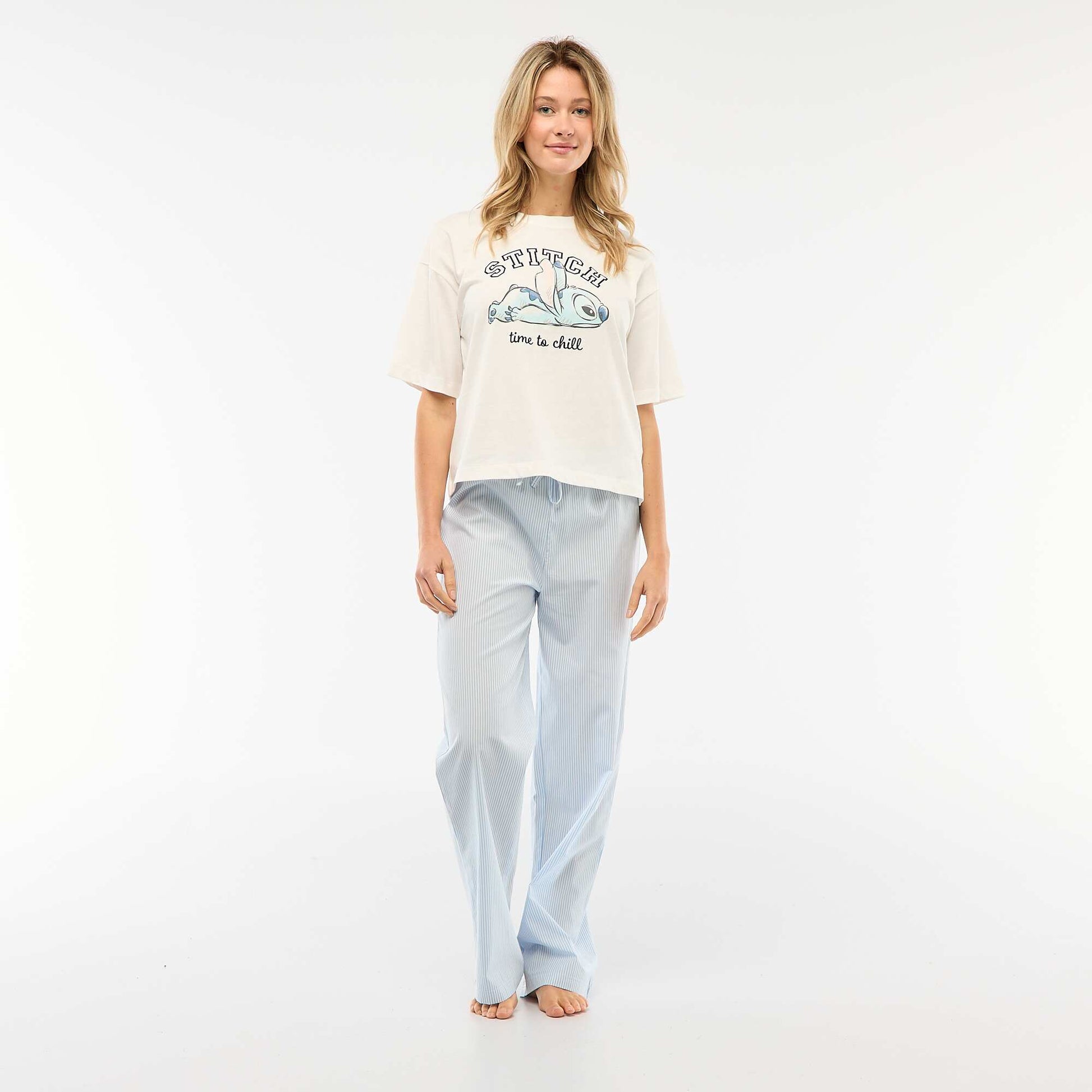 Ensemble pyjama t-shirt + pantalon en popeline 'Stitch' - 2 pièces BLANC