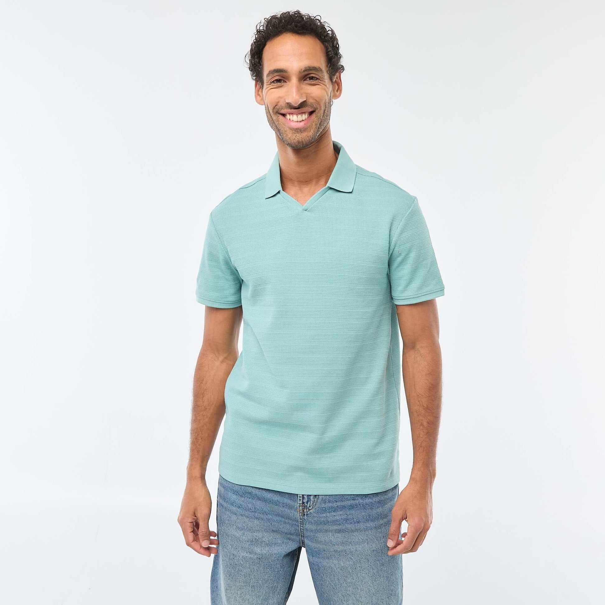 Polo en piqué de coton à manches courtes BLEU