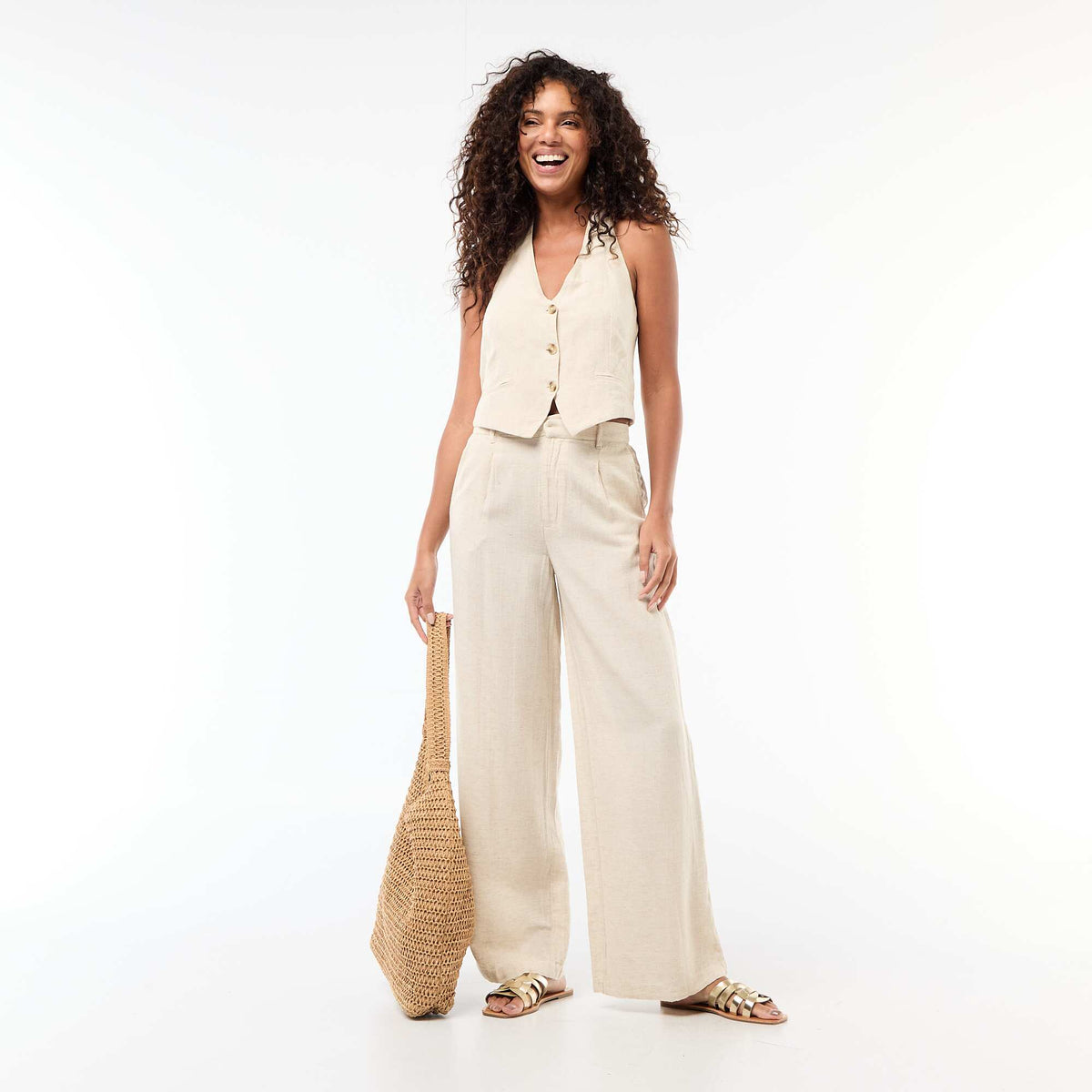 Pantalon large femme droit BEIGE