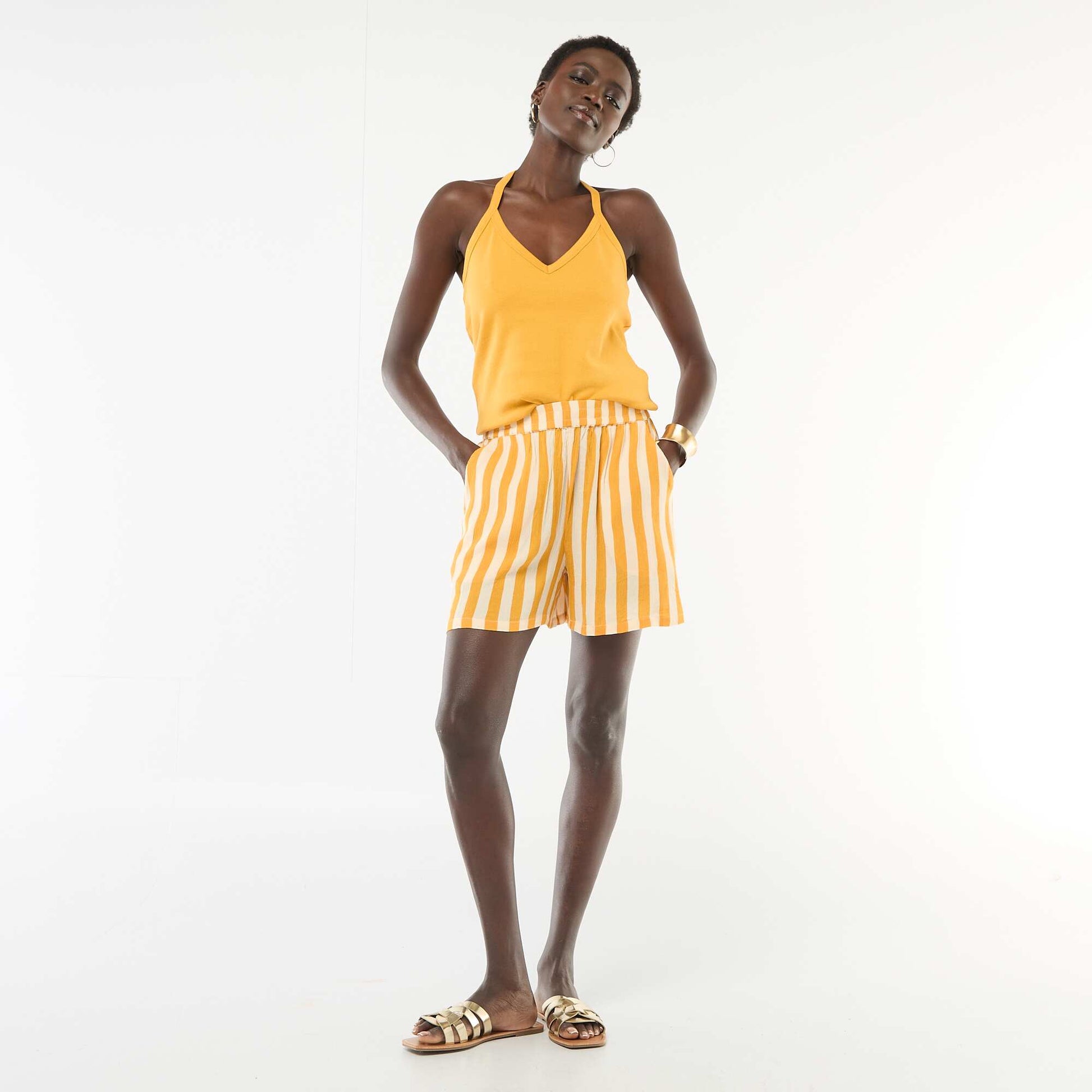Short court rayé avec 2 poches JAUNE