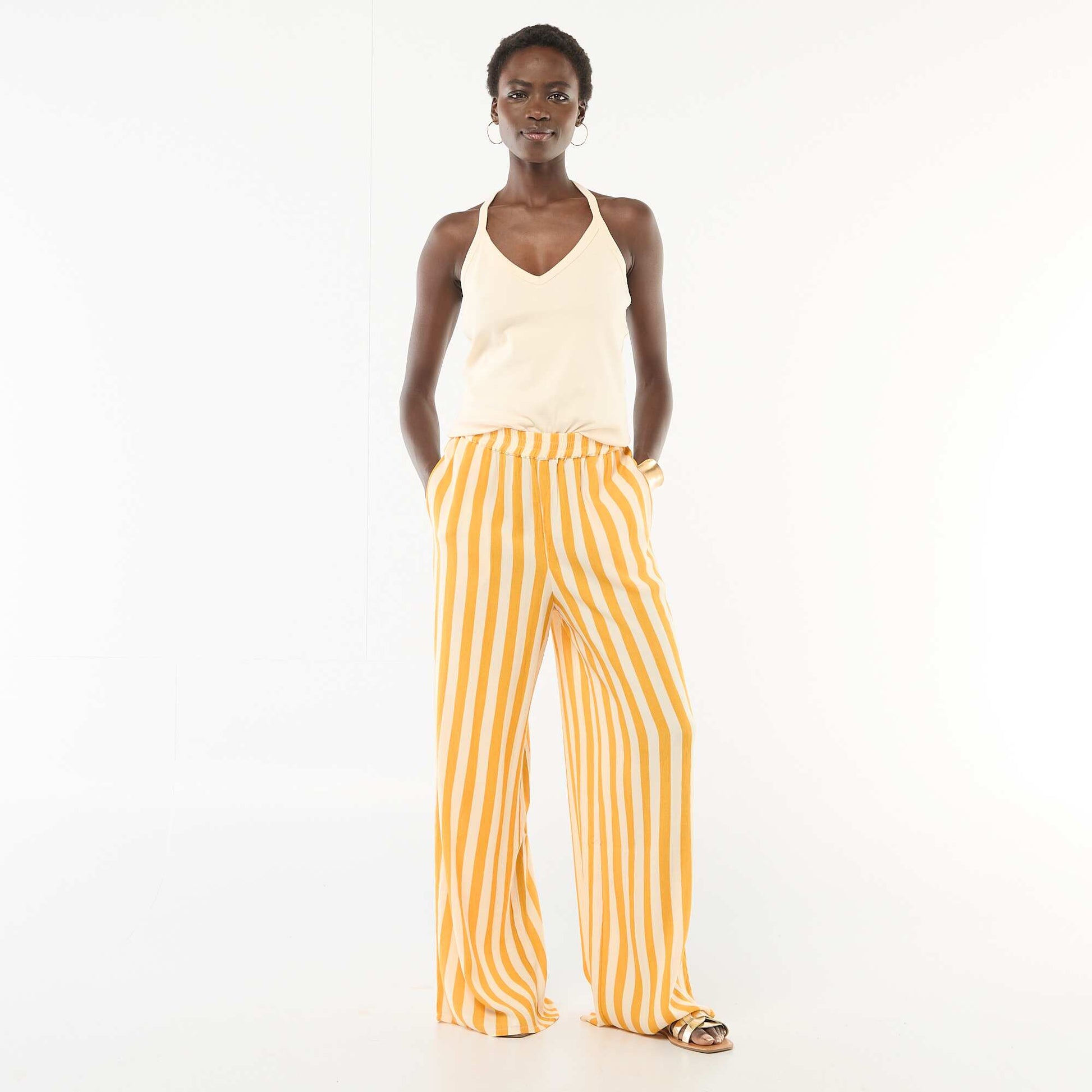 Pantalon droit femme en chaîne et trame léger JAUNE