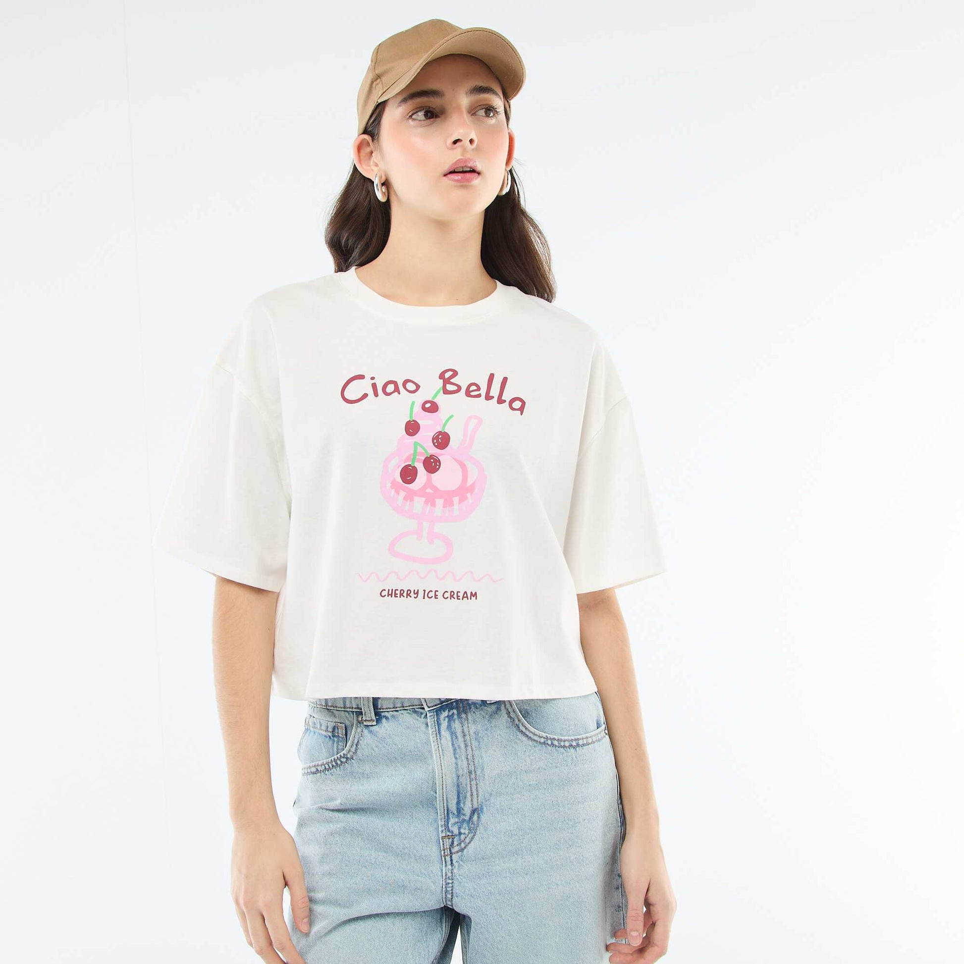Tee-shirt oversize cropped imprimé BLANC