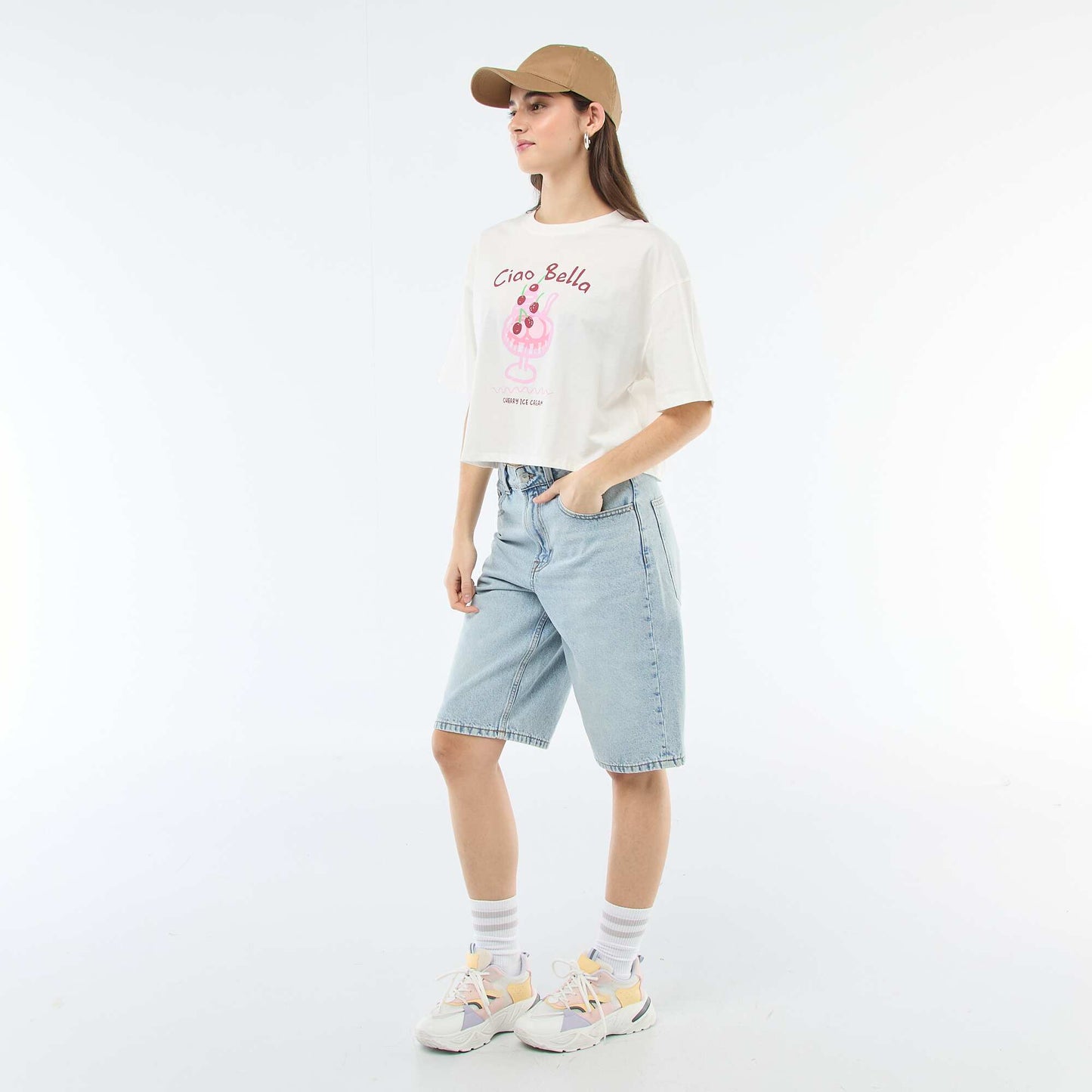 Tee-shirt oversize cropped imprimé BLANC