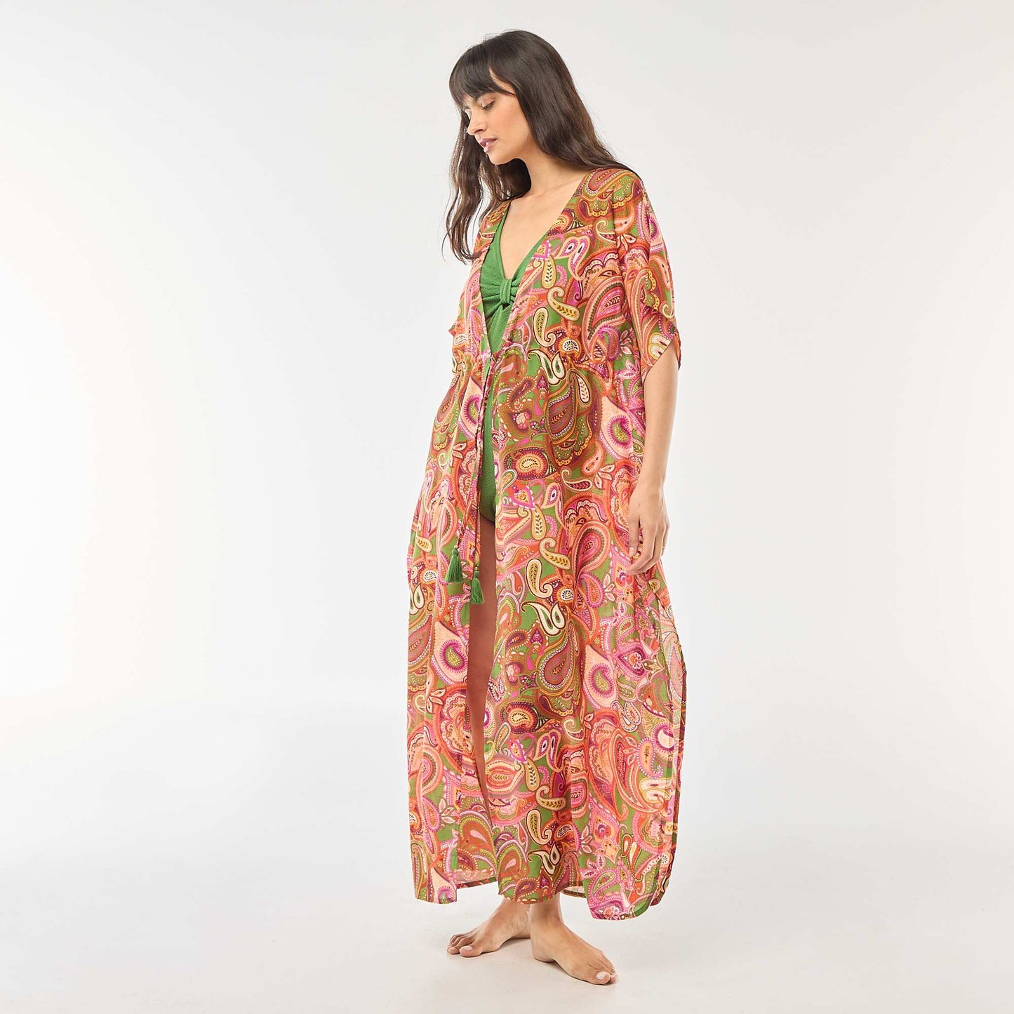 Robe de plage longue imprimée cachemire VERT/ROSE